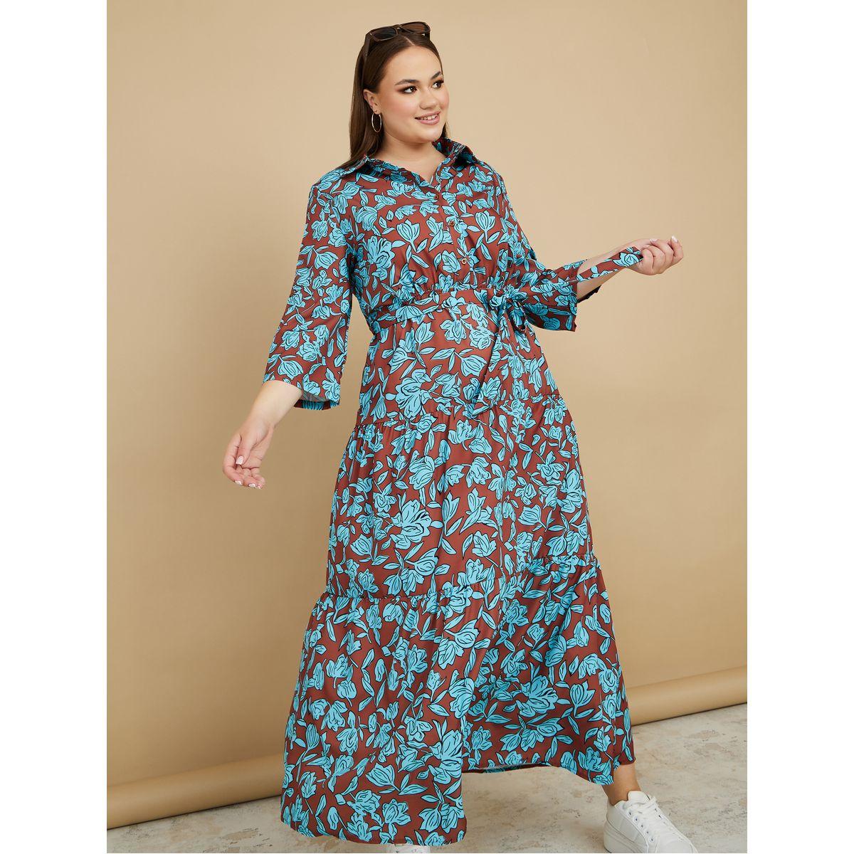 Styli Plus Roll-Up Sleeves Floral Print Shirt Maxi Dress-women-clothing-dresses-image-1
