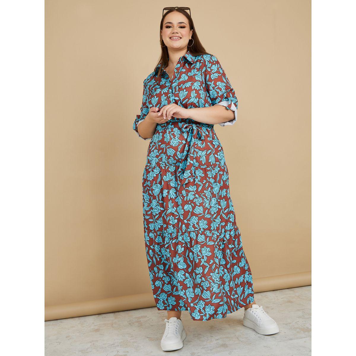 Styli Plus Roll-Up Sleeves Floral Print Shirt Maxi Dress-women-clothing-dresses-image-2
