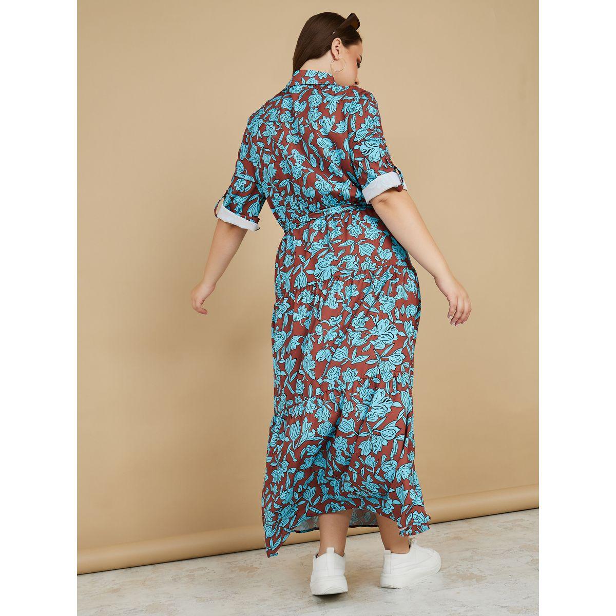 Styli Plus Roll-Up Sleeves Floral Print Shirt Maxi Dress-women-clothing-dresses-image-4