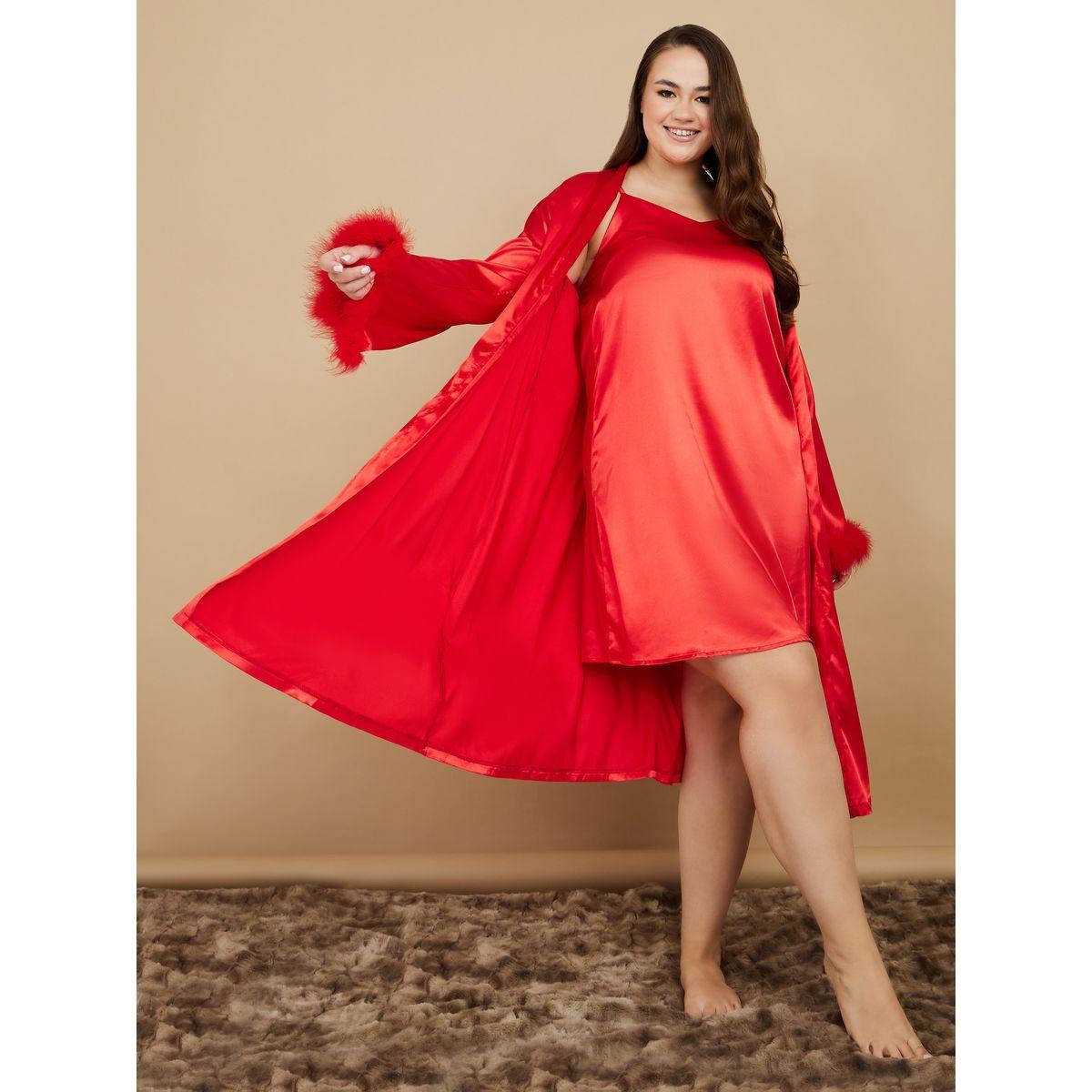 Buy Women s Styli Plus Faux Fur Trim Sleeves Satin Robe and Slip