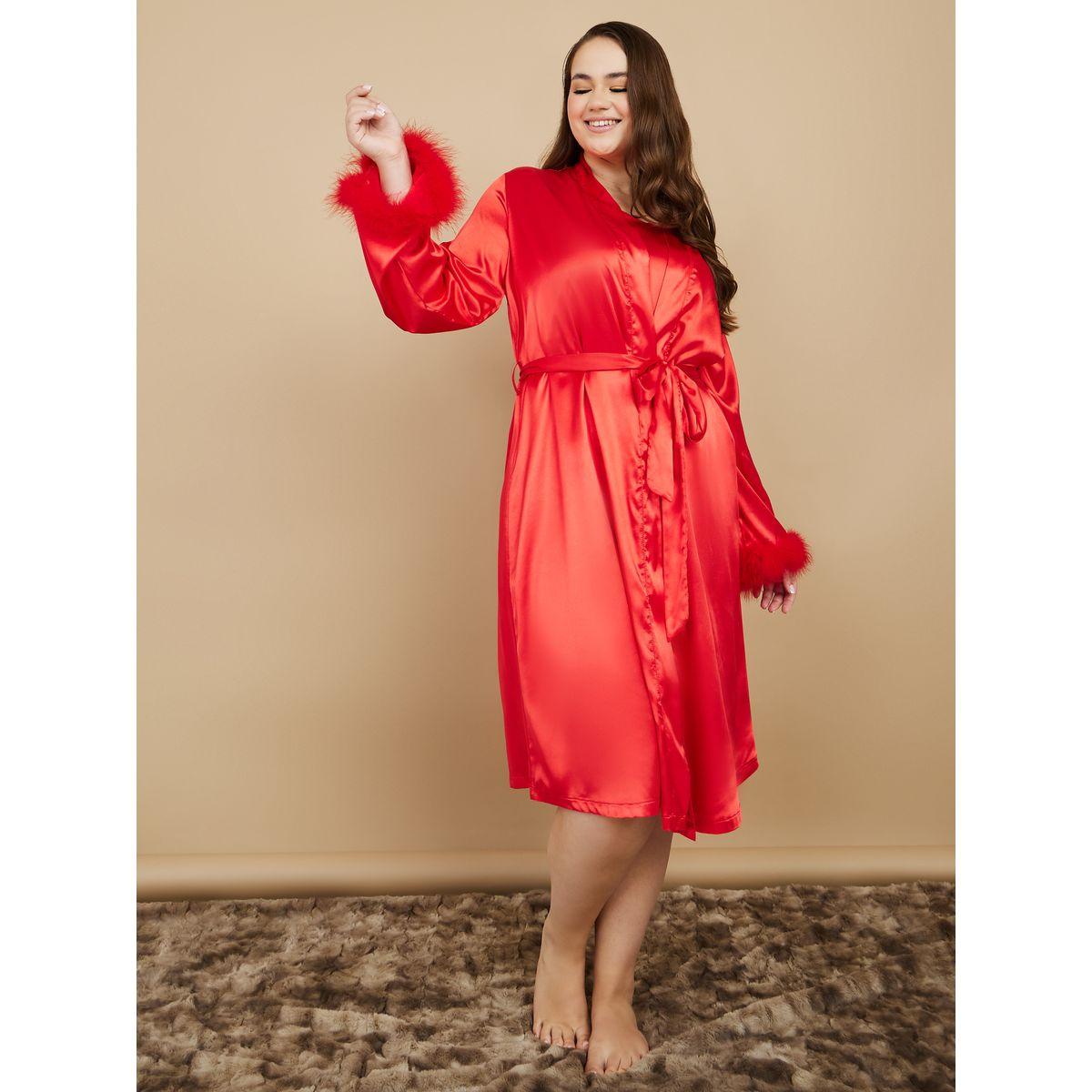 Buy Women s Styli Plus Faux Fur Trim Sleeves Satin Robe and Slip