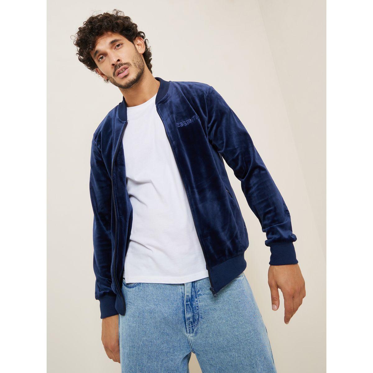Styli Baseball Collar Velour Bomber Jacket with Embroidered Detail-men-clothing-jacketsandblazers-jackets-image-3
