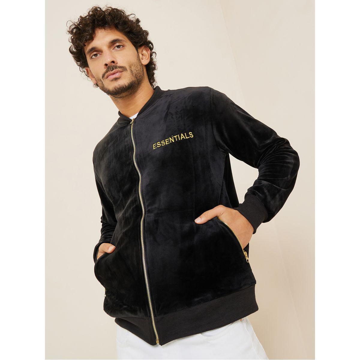 Styli Baseball Collar Velour Bomber Jacket with Embroidered Detail-men-clothing-jacketsandblazers-jackets-image-1
