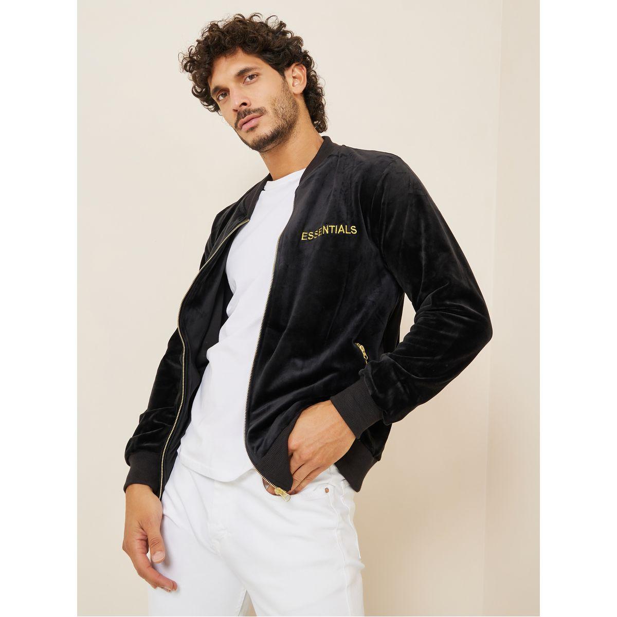 Styli Baseball Collar Velour Bomber Jacket with Embroidered Detail-men-clothing-jacketsandblazers-jackets-image-2