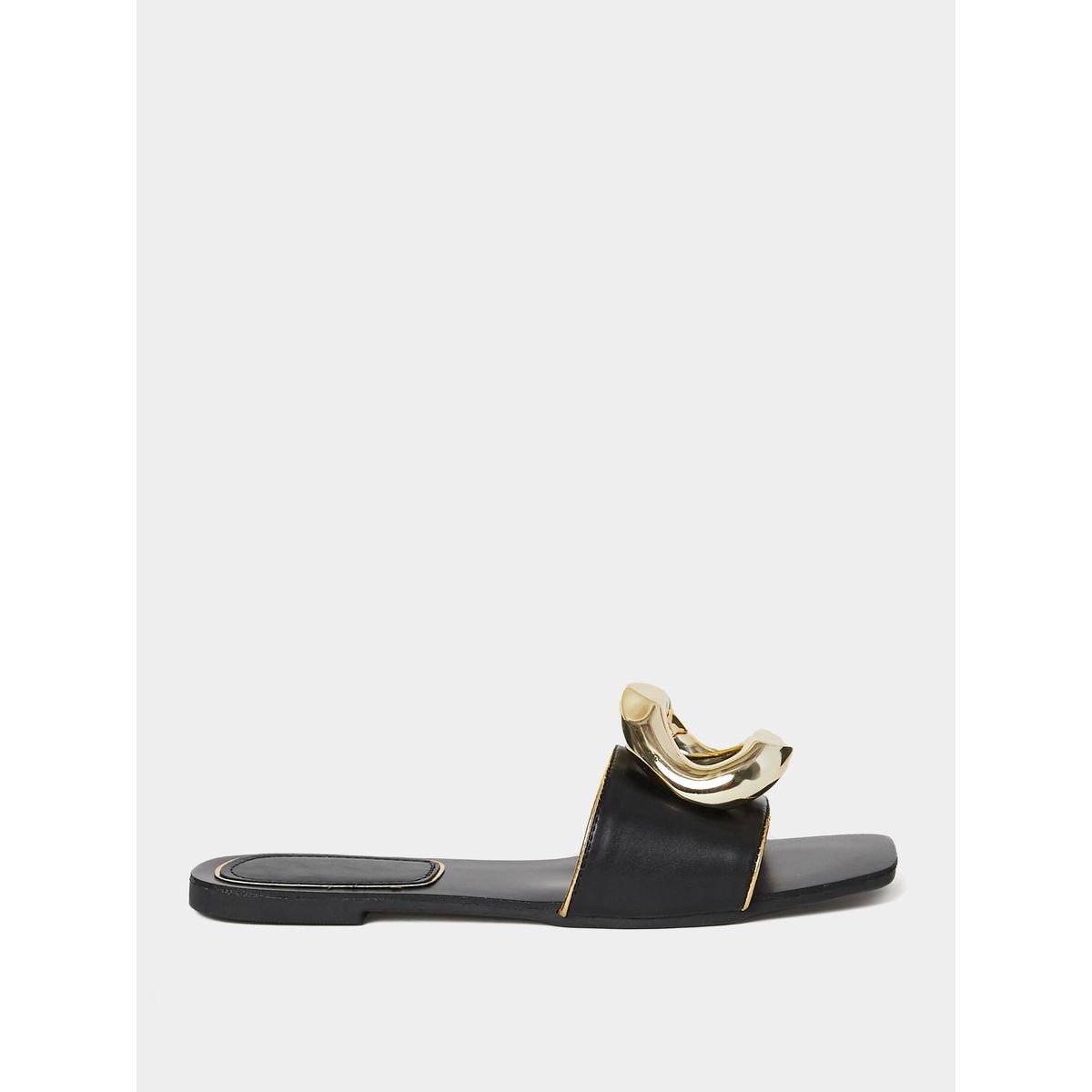 Styli Round Textured Metal Trim Flat Sandals-women-shoes-sandals-flats-image-1