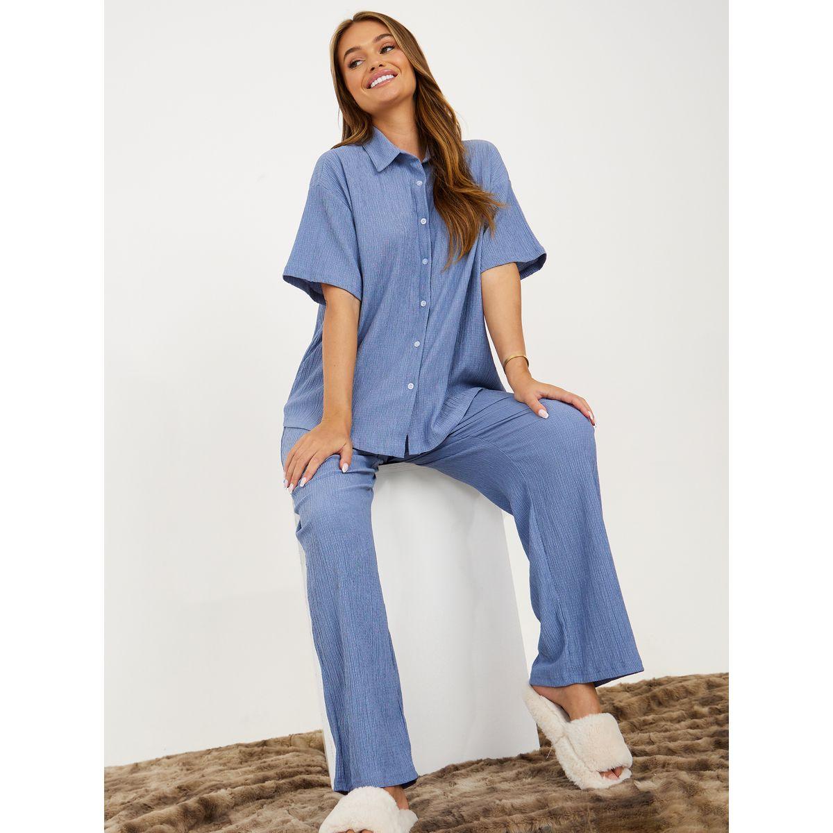 Styli Unwind Short Sleeves Textured Shirt and Pyjama Set-women-clothing-nightwear-pyjamas-longsets-image-1