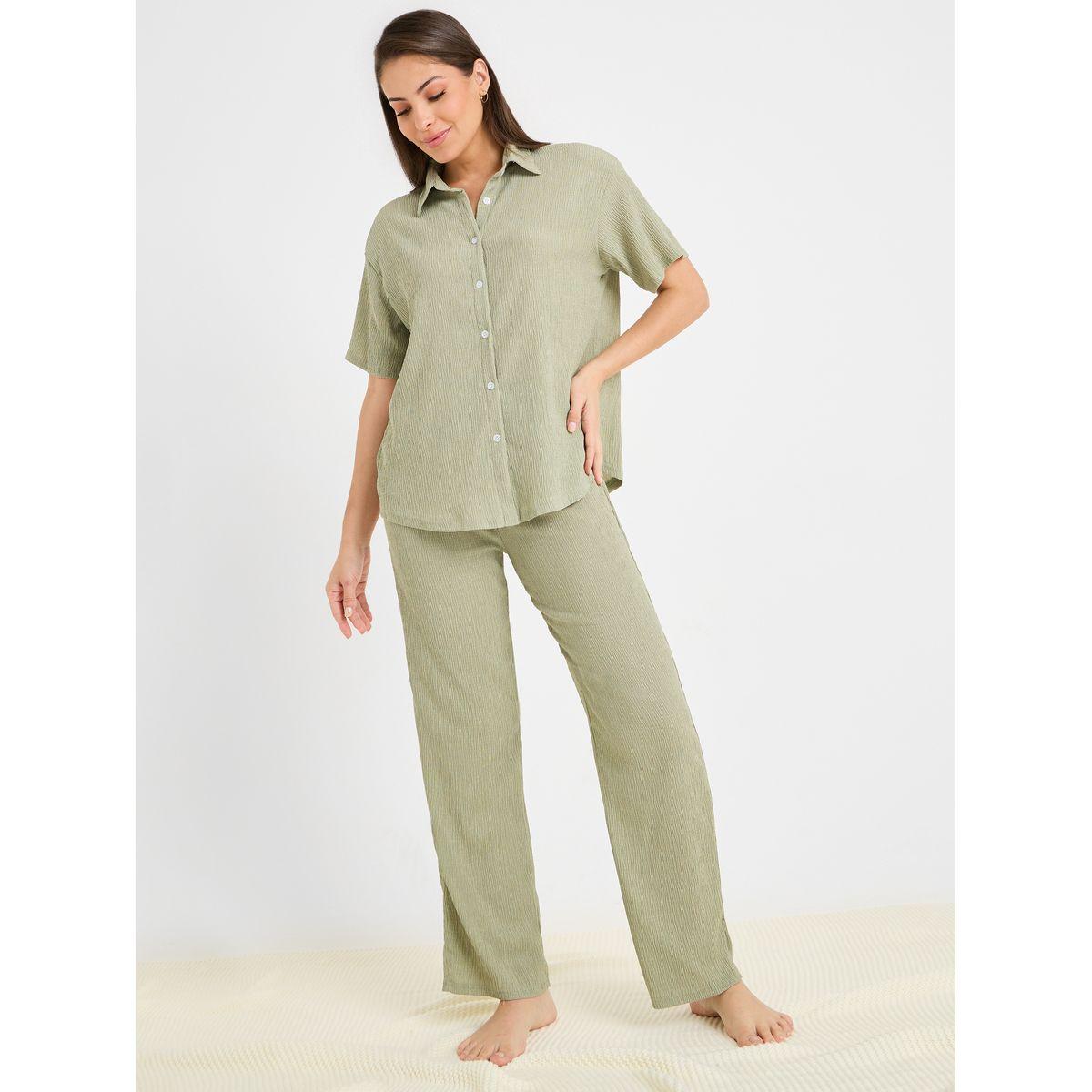 Styli Unwind Textured Longline Shirt & Pyjama Set-women-clothing-nightwear-pyjamas-longsets-image-1