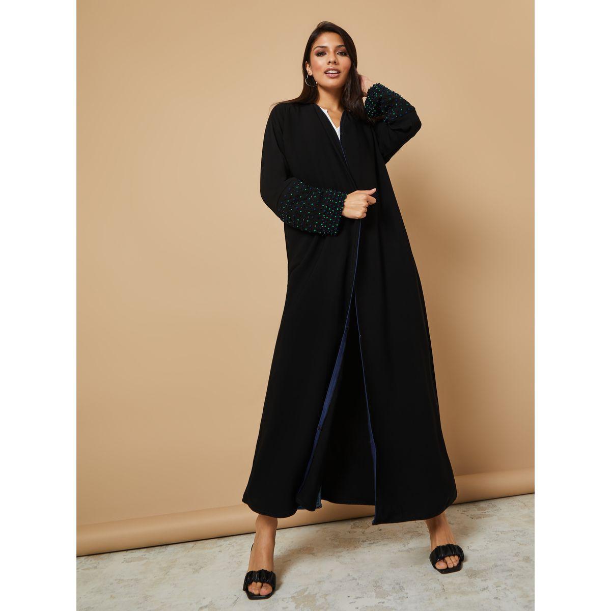 Hadiyath Al Madinah Studded Sleeves Abaya with Matching Sheila-women-arabicclothing-abayas-image-1