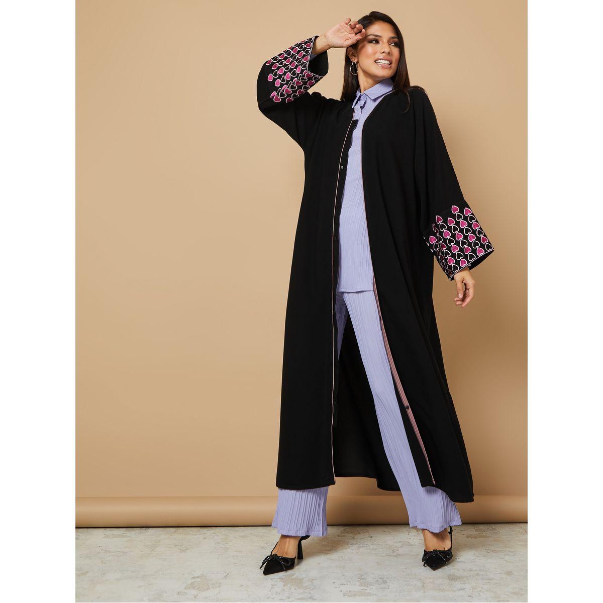 Hadiyath Al Madinah Heart Embroidery Sleeves Piped Detail Abaya with Front Button Closure-women-arabicclothing-abayas-image-1