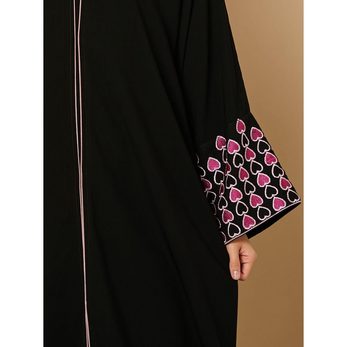 Hadiyath Al Madinah Heart Embroidery Sleeves Piped Detail Abaya with Front Button Closure-women-arabicclothing-abayas-image-3