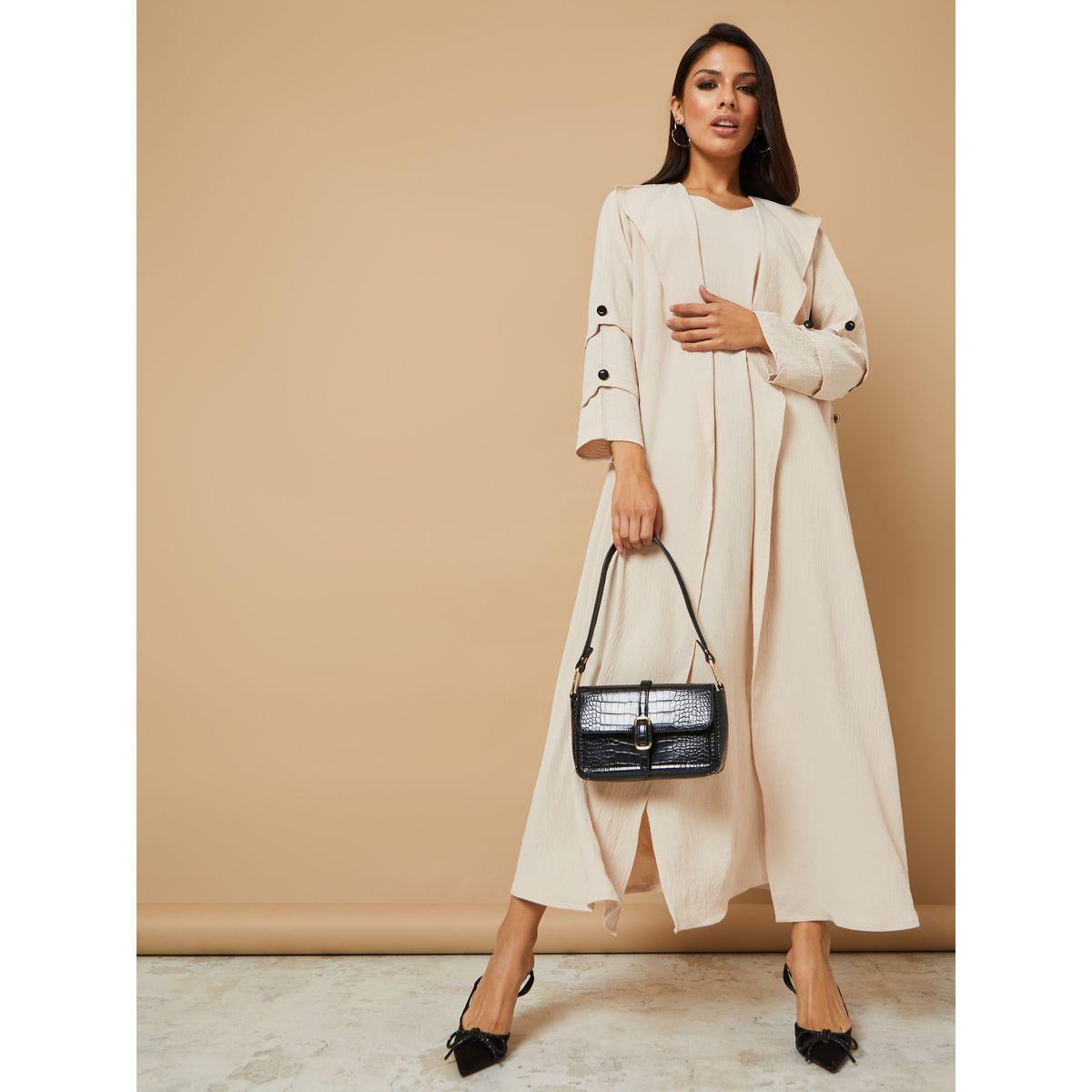 Hadiyath Al Madinah Button Detail Overlap Abaya-women-arabicclothing-abayas-image-1