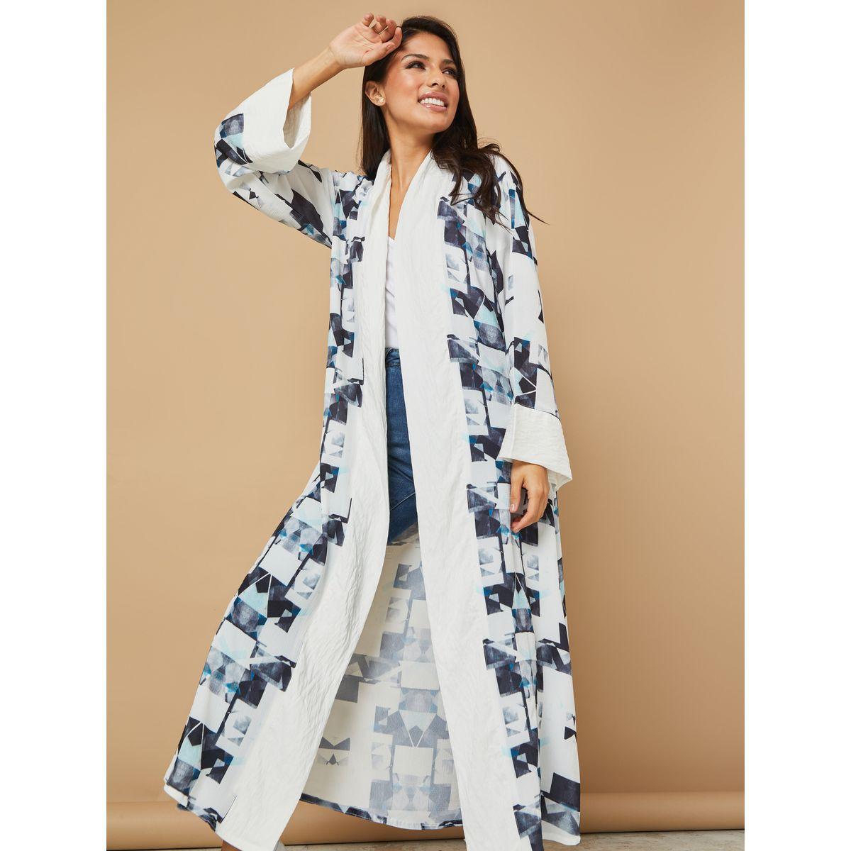 Styli Open Front Graphic Print Crepe Border Detail Abaya-women-arabicclothing-abayas-image-1