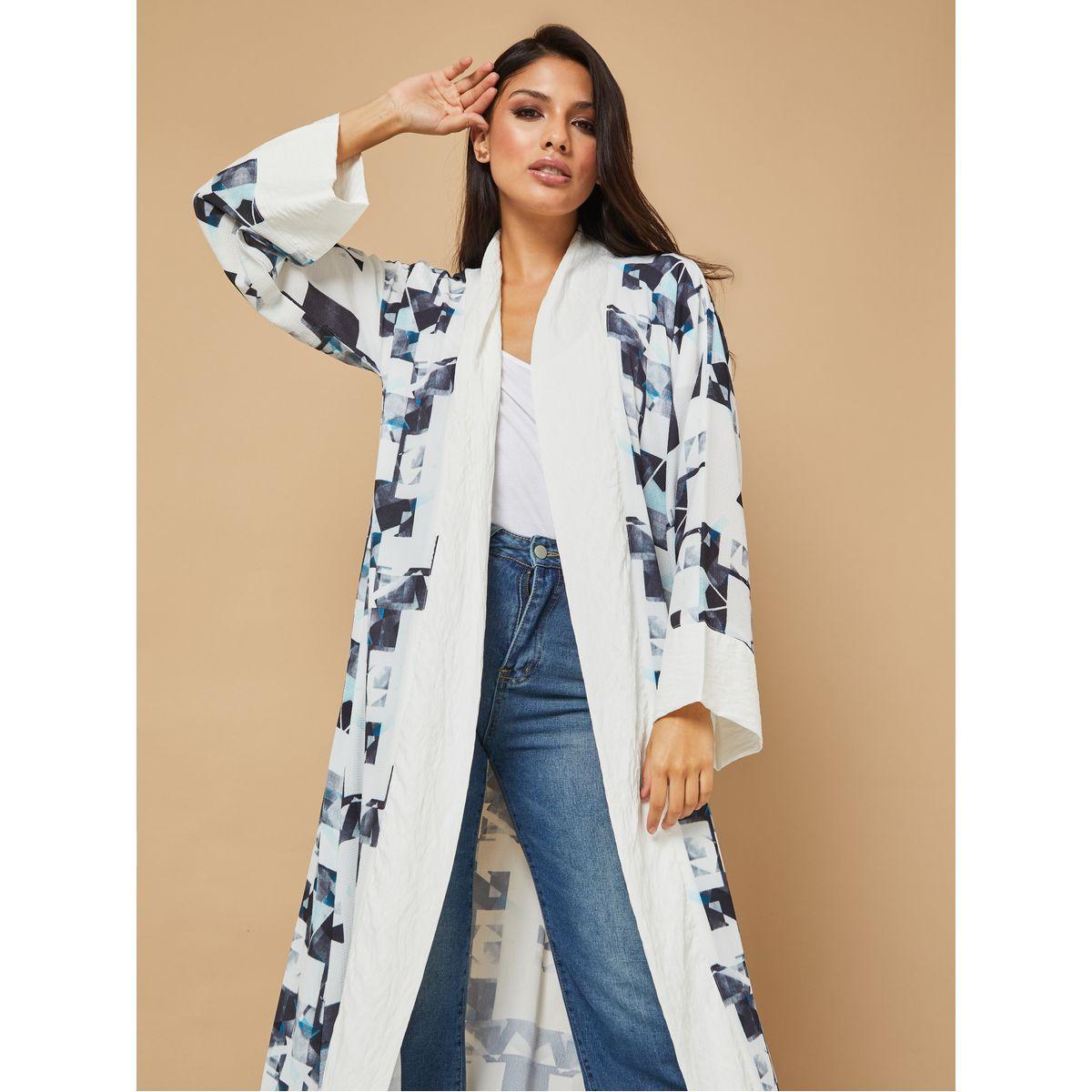 Styli Open Front Graphic Print Crepe Border Detail Abaya-women-arabicclothing-abayas-image-2