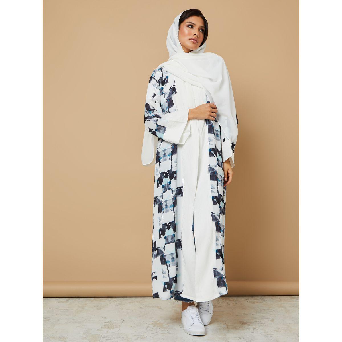 Styli Open Front Graphic Print Crepe Border Detail Abaya-women-arabicclothing-abayas-image-5