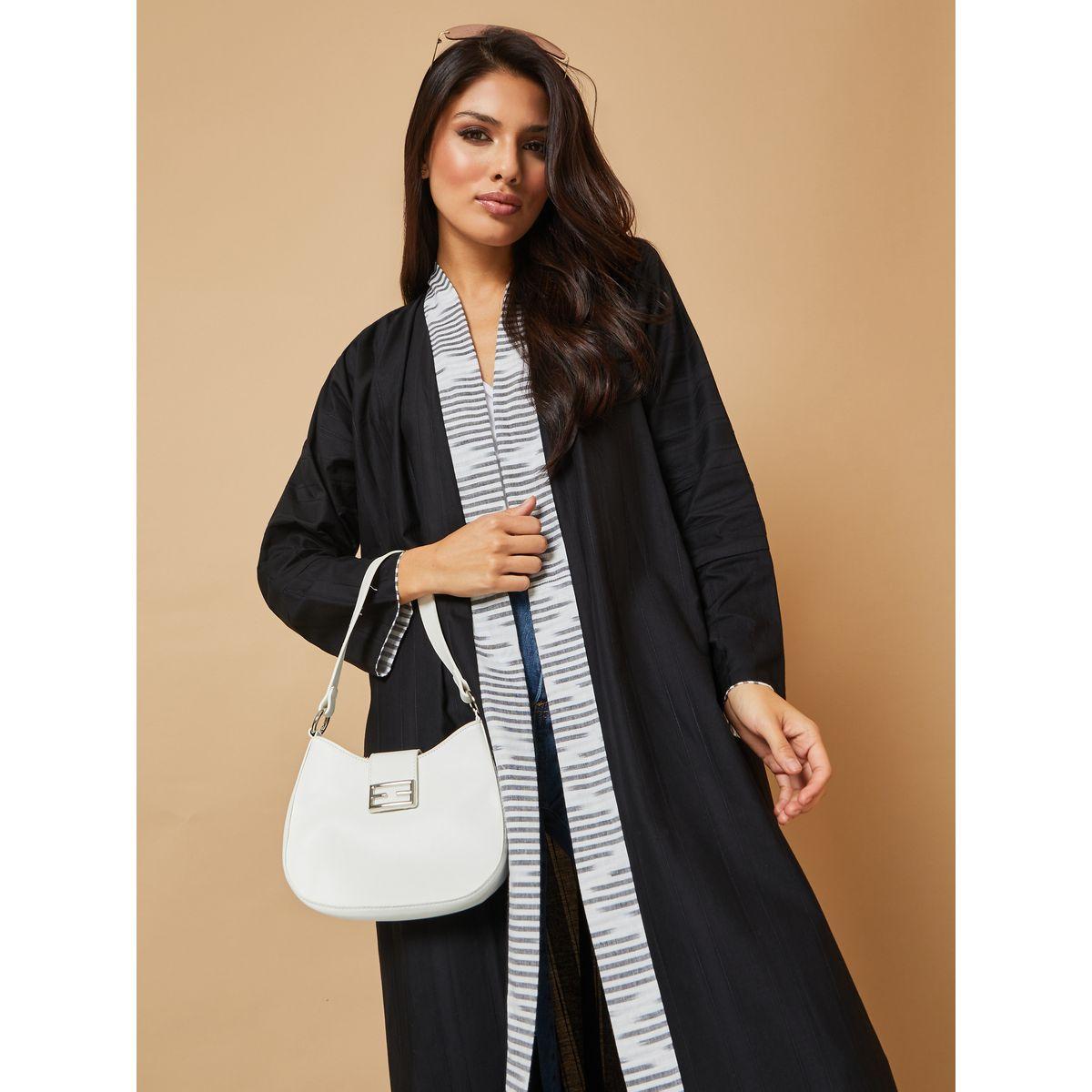 Styli Open Front Contrast Textured Border Detail Abaya-women-arabicclothing-abayas-image-2