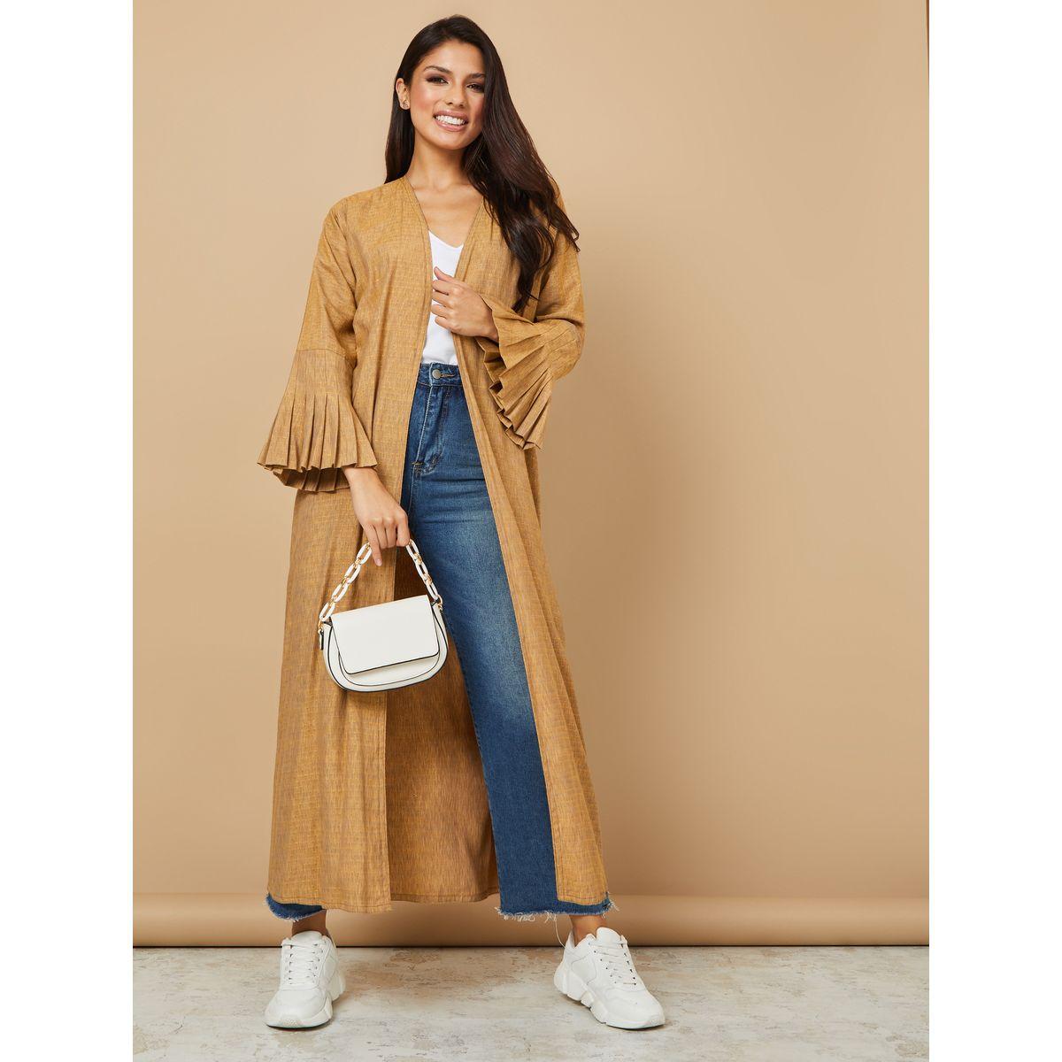 Styli Open Front Pleated Sleeves Textured Abaya-women-arabicclothing-abayas-image-1