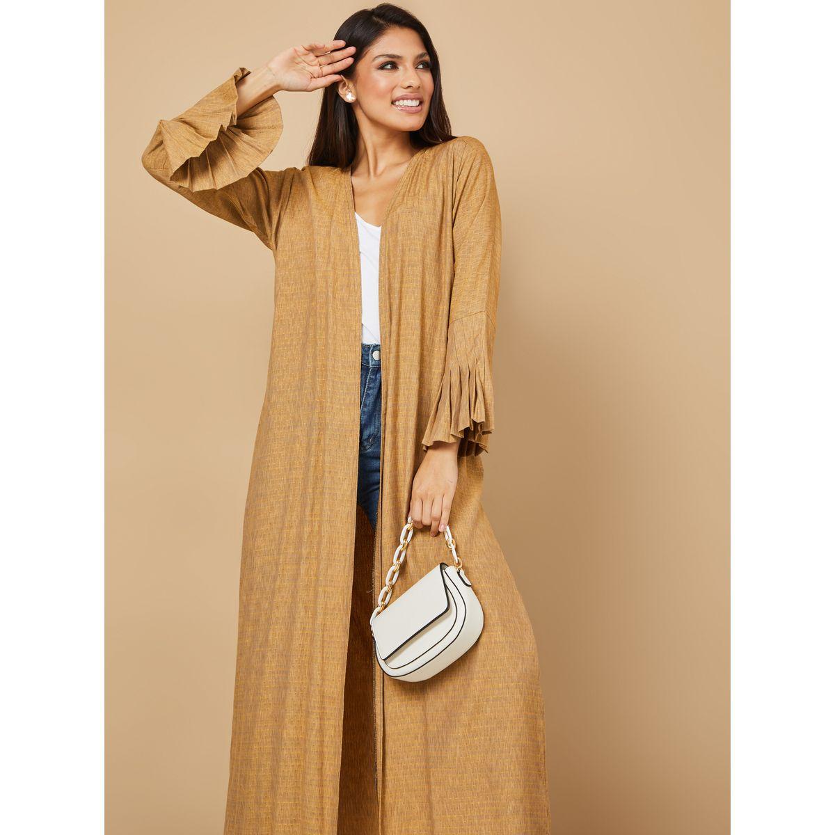 Styli Open Front Pleated Sleeves Textured Abaya-women-arabicclothing-abayas-image-2