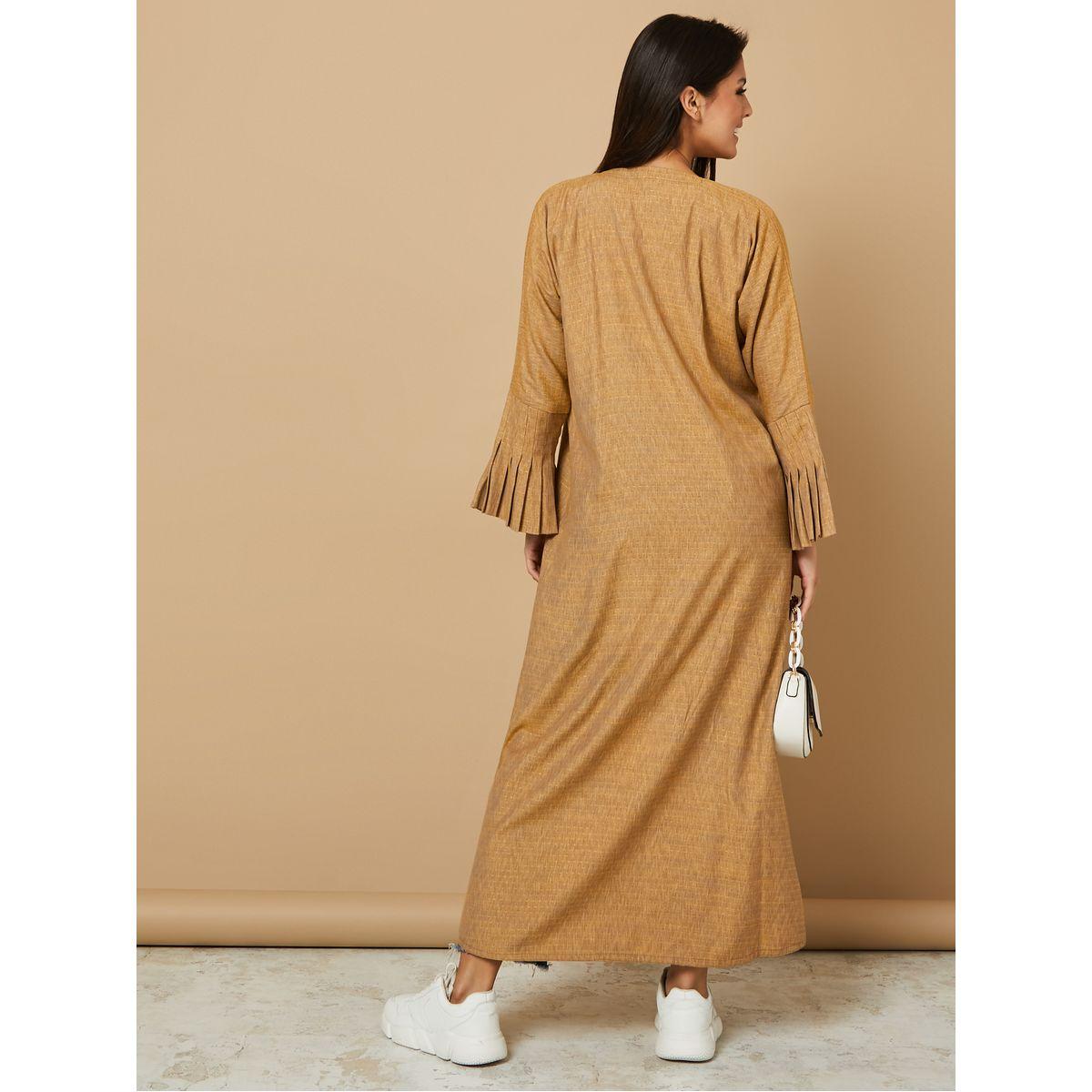 Styli Open Front Pleated Sleeves Textured Abaya-women-arabicclothing-abayas-image-4
