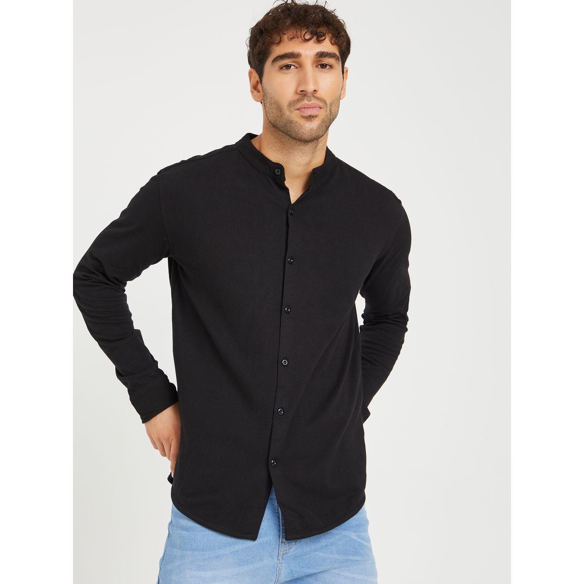 Styli Grandad Collar Knitted Shirt with Button Closure-men-clothing-shirts-image-1