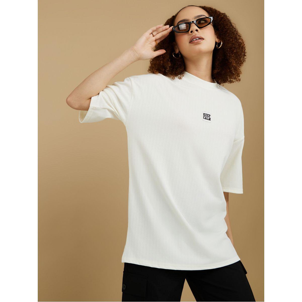 Styli Short Sleeve Logo Detail Ribbed Knit Oversized T-Shirt-women-clothing-tshirts-image-1