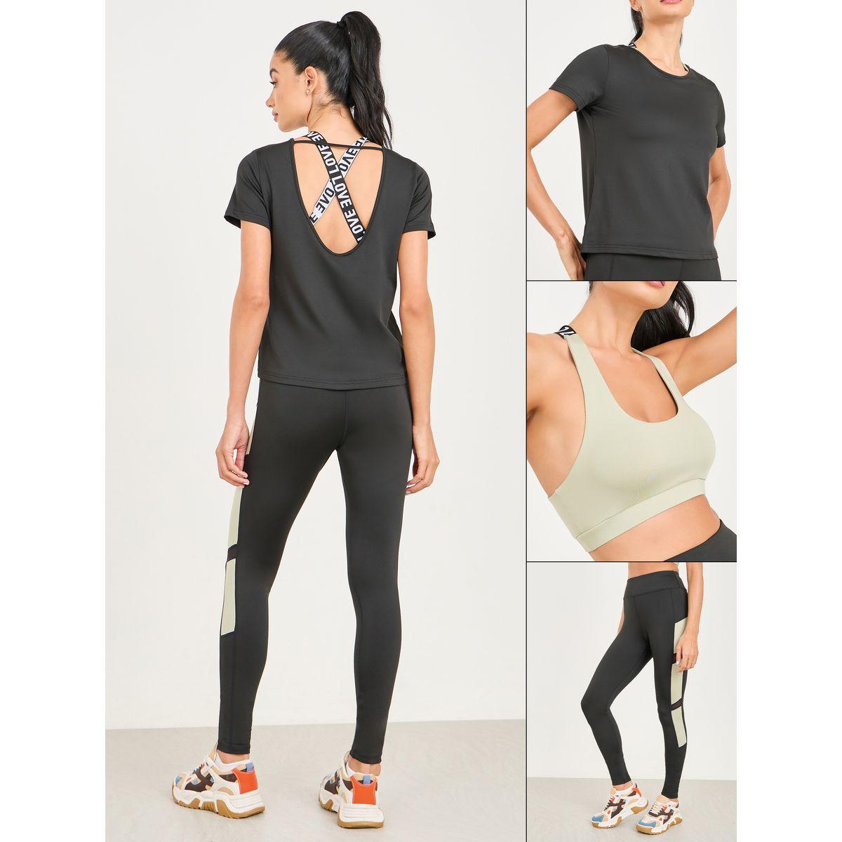 Styli Active Pack of 3 - Slogan Strap Detail Sports Bra, Top and Side Panel Legging Set-sports-women-clothing-trackpantsandtracksuits-image-1