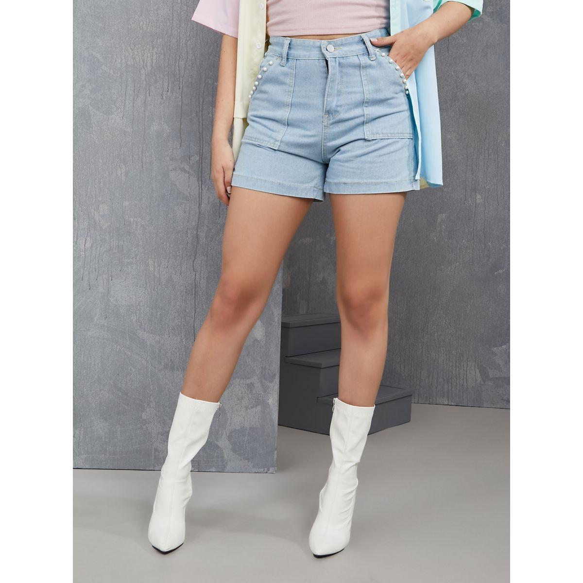 Styli Pearl Embellished Pocket Detail Denim Shorts-women-clothing-bottoms-shorts-image-1