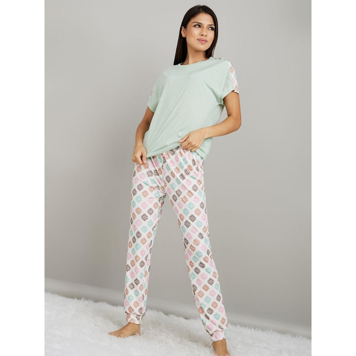 Styli Unwind Geo Print Tape Detail T-shirt and Cuff Pyjama Set-women-clothing-nightwear-pyjamas-longsets-image-2
