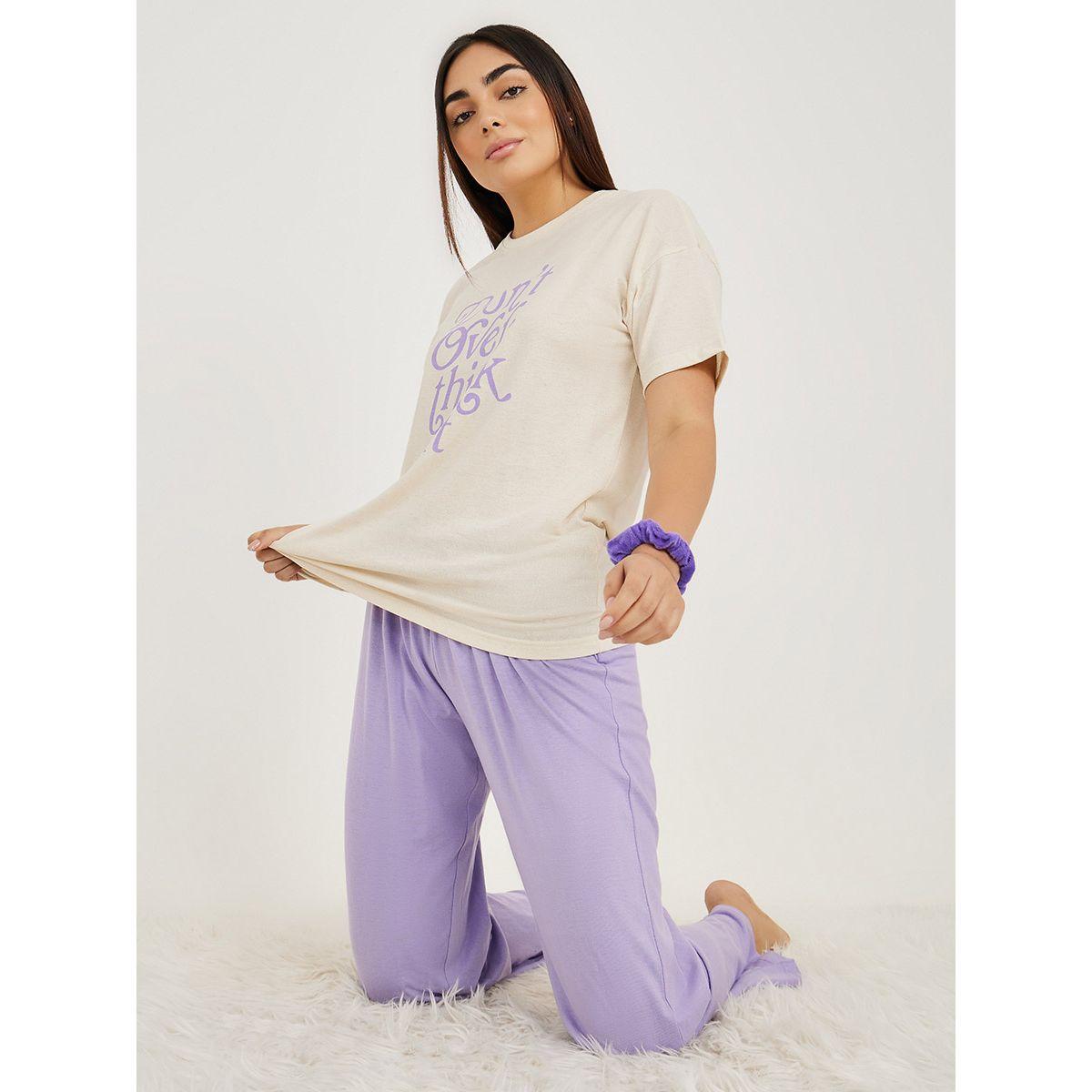 Styli Unwind Don't Over Think It Slogan T-Shirt & Solid Pyjama Set-women-clothing-nightwear-pyjamas-longsets-image-1