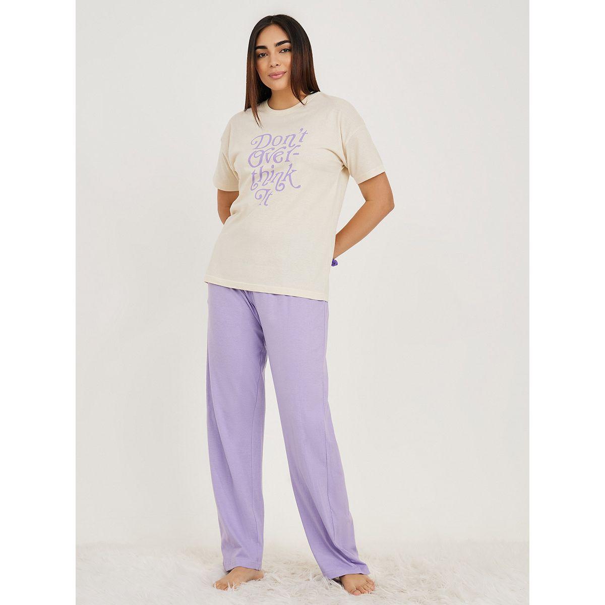 Styli Unwind Don't Over Think It Slogan T-Shirt & Solid Pyjama Set-women-clothing-nightwear-pyjamas-longsets-image-2