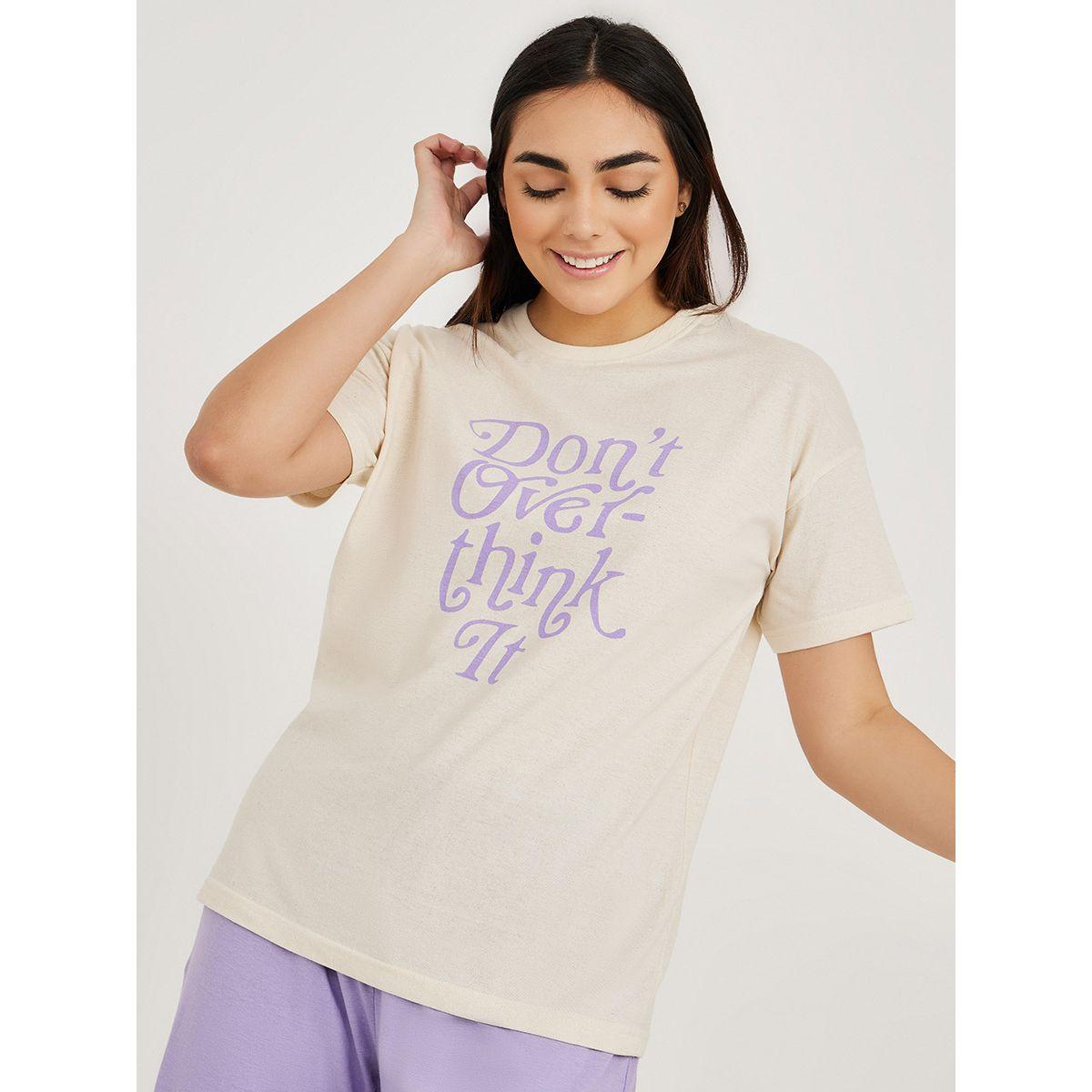 Styli Unwind Don't Over Think It Slogan T-Shirt & Solid Pyjama Set-women-clothing-nightwear-pyjamas-longsets-image-3