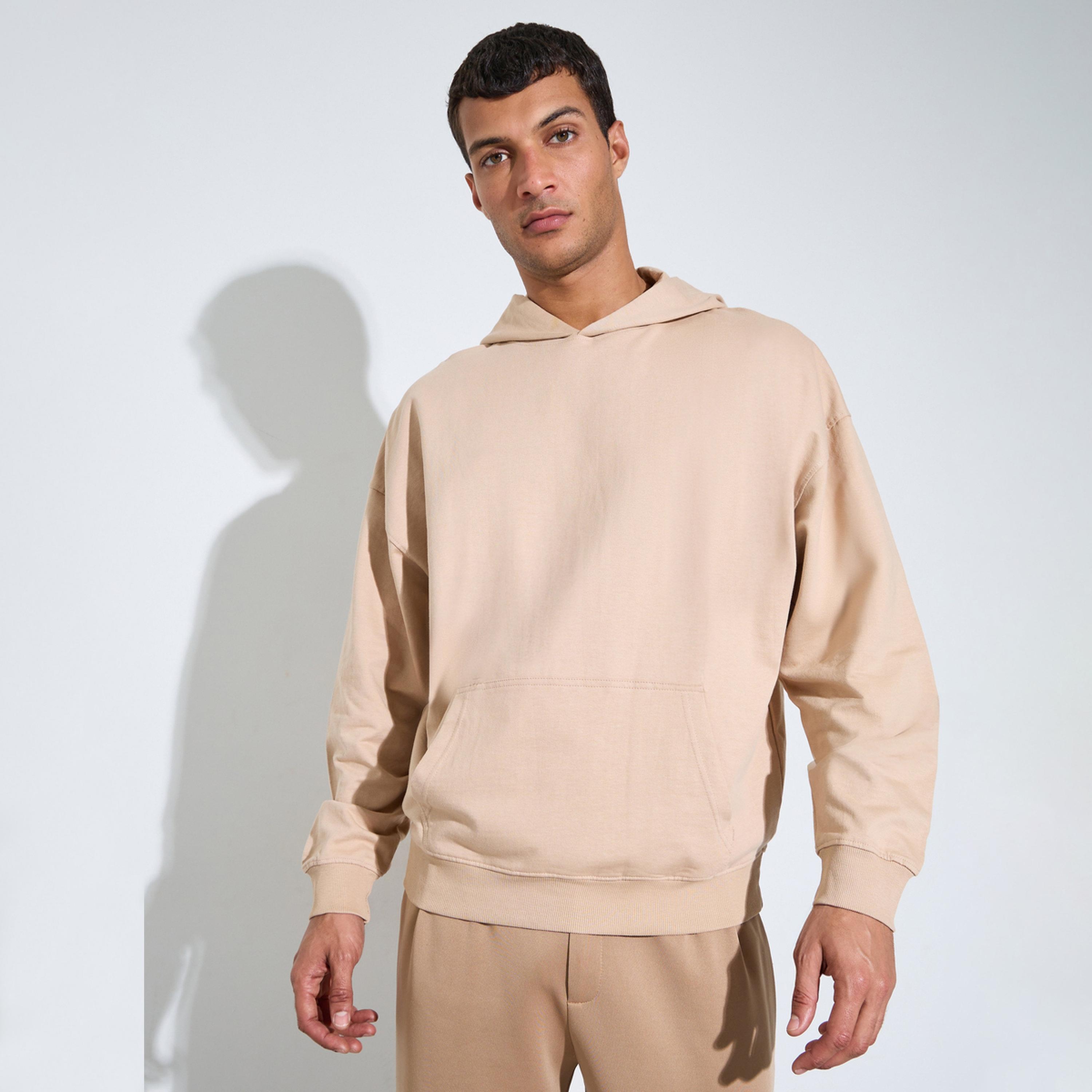 Styli beige Solid Kangaroo Pocket Oversized Hoodie-men-winterwear-hoodiesandsweatshirts-image-1