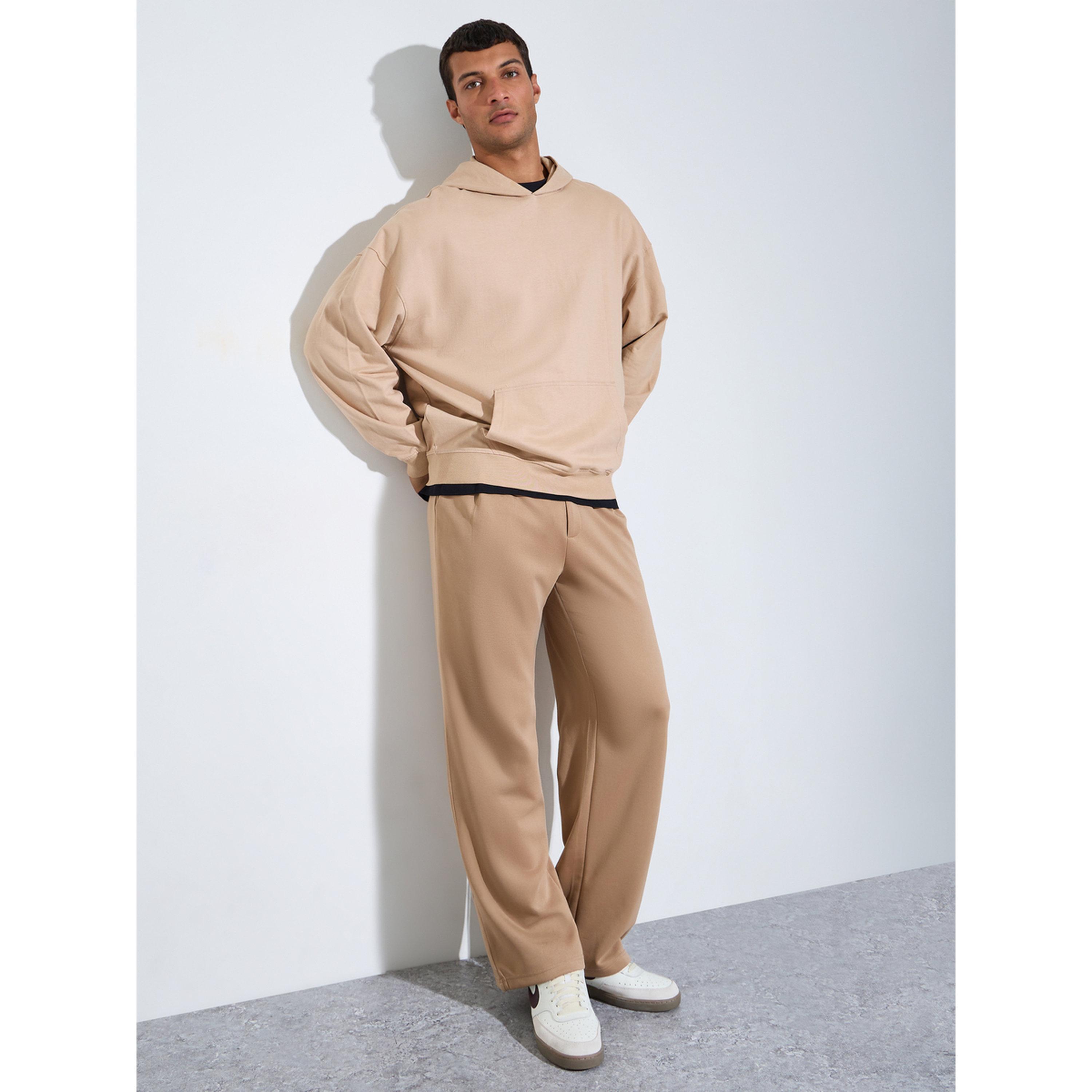 Styli beige Solid Kangaroo Pocket Oversized Hoodie-men-winterwear-hoodiesandsweatshirts-image-2