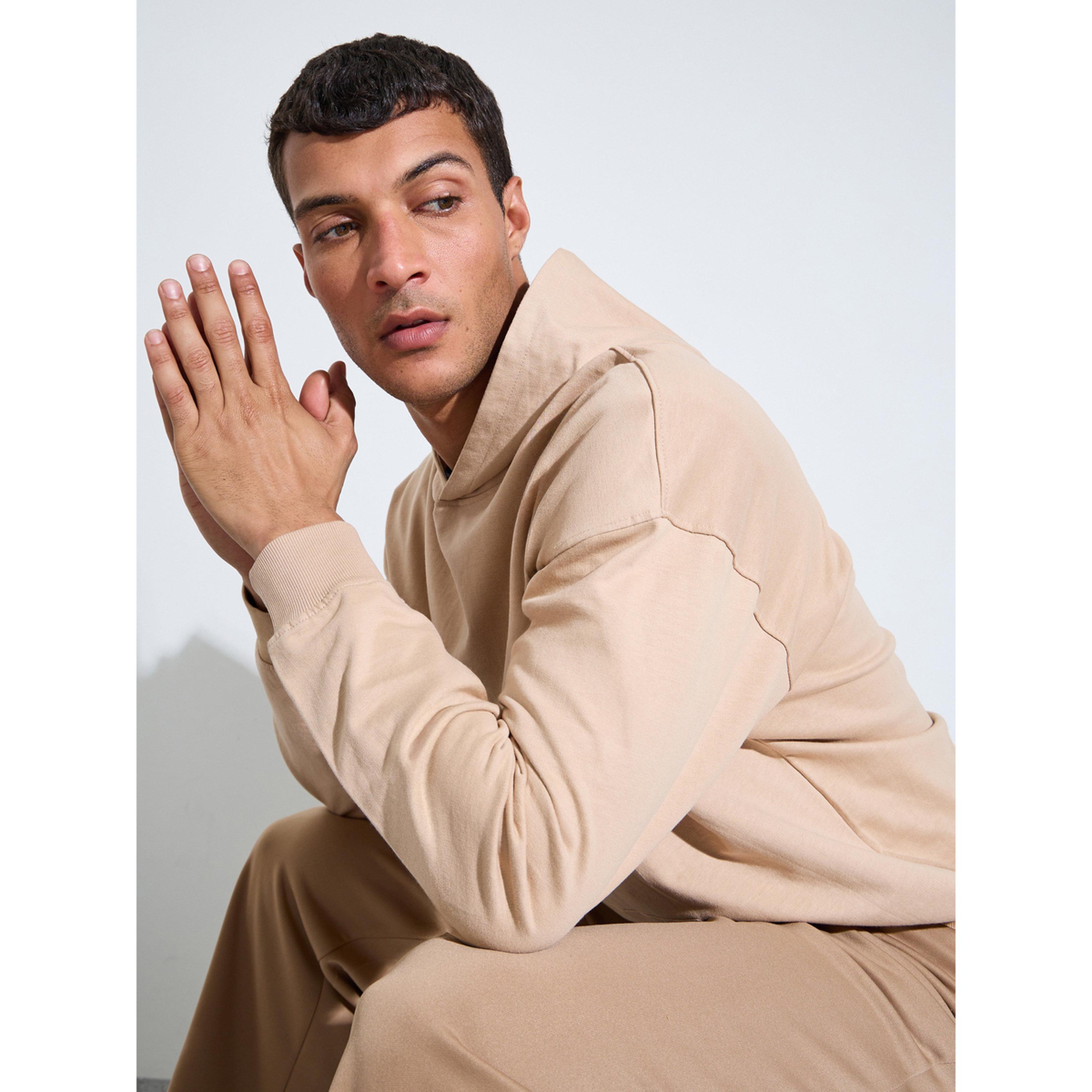 Styli beige Solid Kangaroo Pocket Oversized Hoodie-men-winterwear-hoodiesandsweatshirts-image-4
