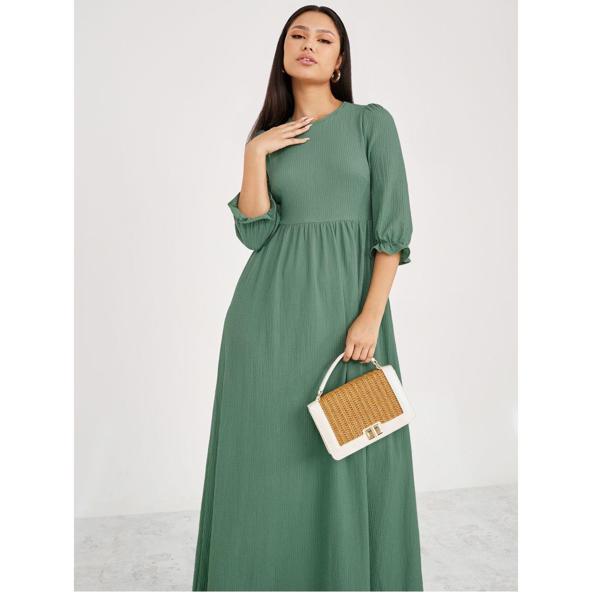 Styli Frill Cuff 3/4 Sleeves Woven A-Line Maxi Dress-women-clothing-dresses-image-1