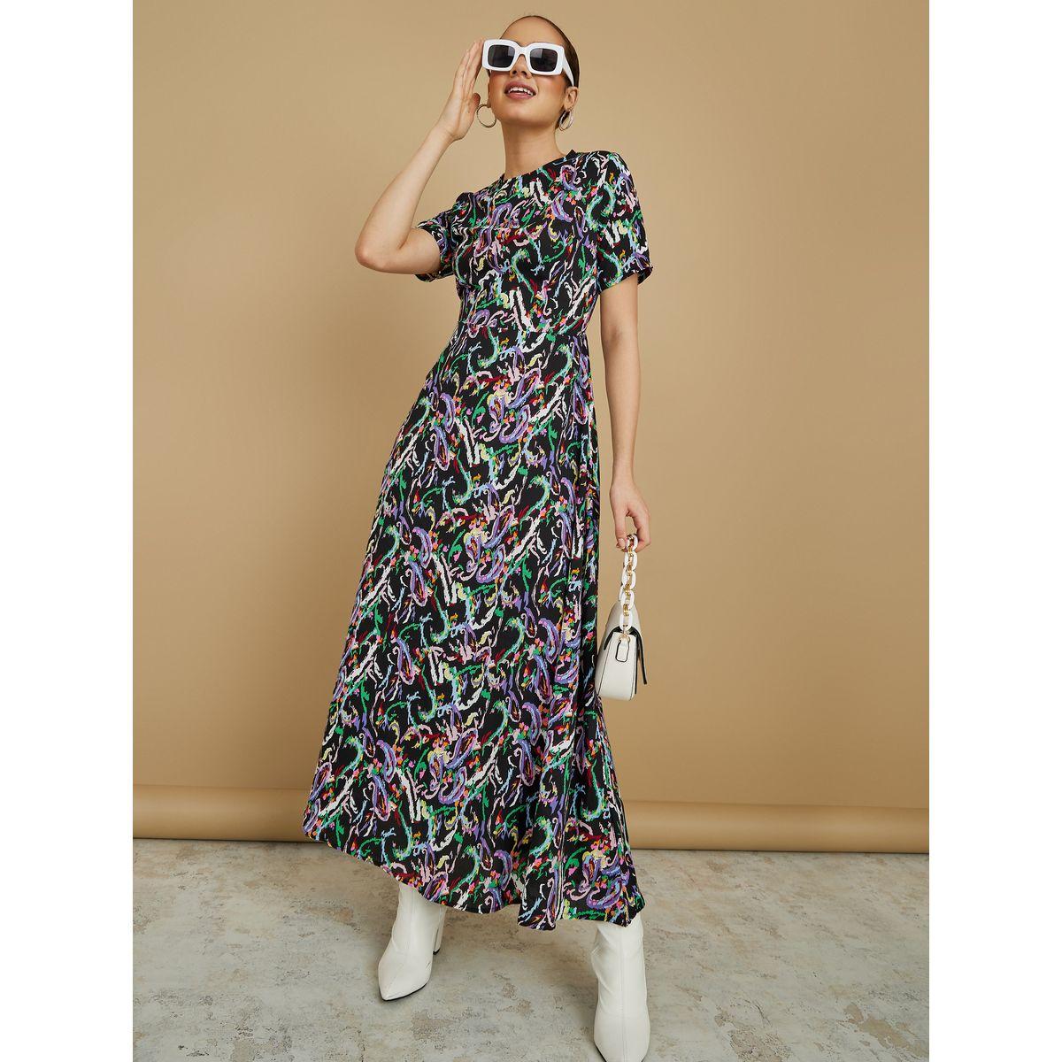Styli Short Sleeves Marble Print A-Line Maxi Dress-women-clothing-dresses-image-1