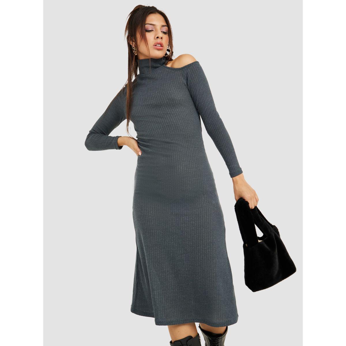 Styli Long Sleeves Cut-Out Ribbed Knit Midi Dress-women-clothing-dresses-image-1