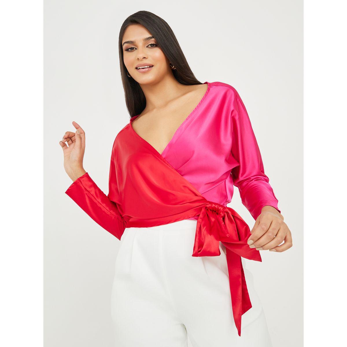 Styli Colorblock Satin Wrap Top with with Brooch Detail-women-clothing-shirtsandblouses-blouses-image-1