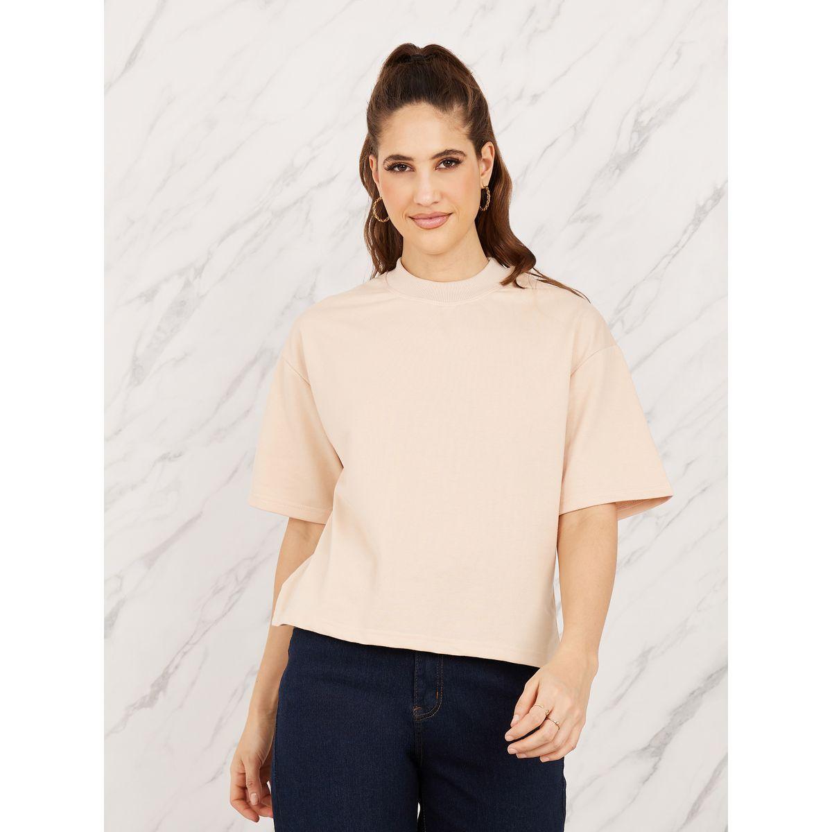 Styli Ribbed High Neck Dropped Shoulder Boxy Fit T-Shirt-women-clothing-tshirts-image-1