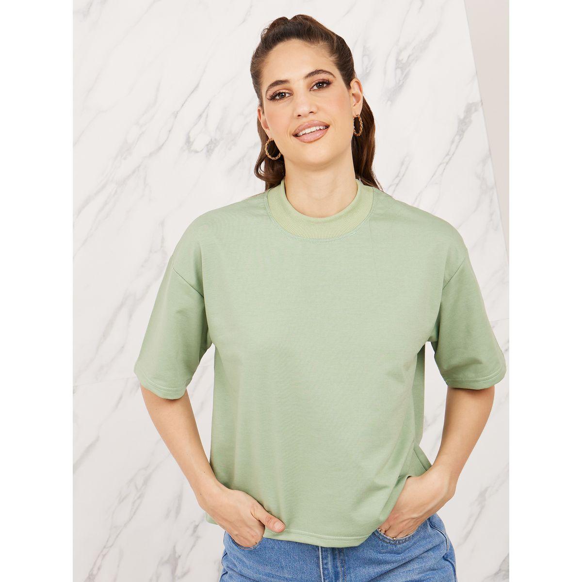 Styli Ribbed High Neck Dropped Shoulder Boxy Fit T-Shirt-women-clothing-tshirts-image-1