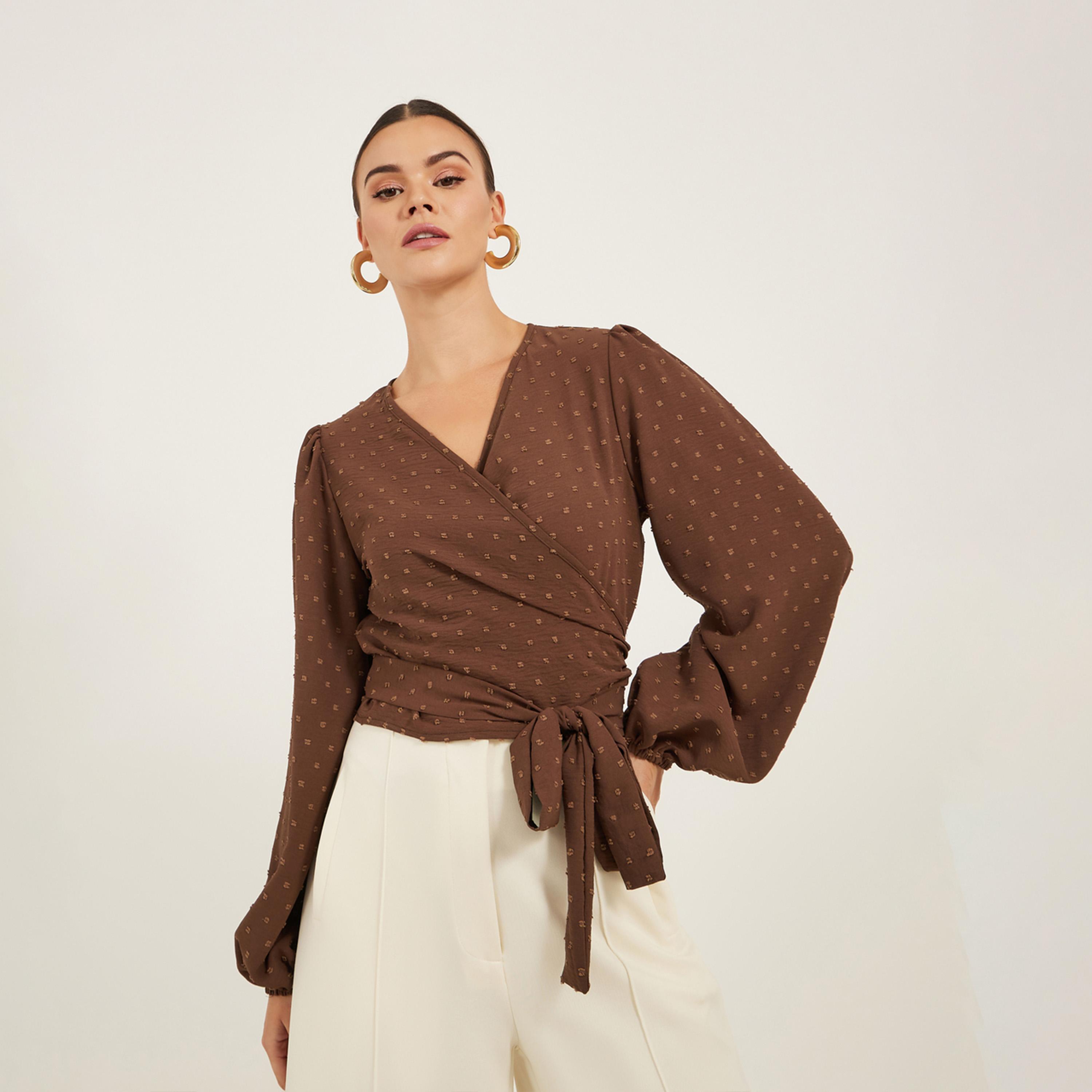 Styli Dobby Balloon Sleeve V-Neck Tie-Up Blouse-women-clothing-shirtsandblouses-blouses-image-1