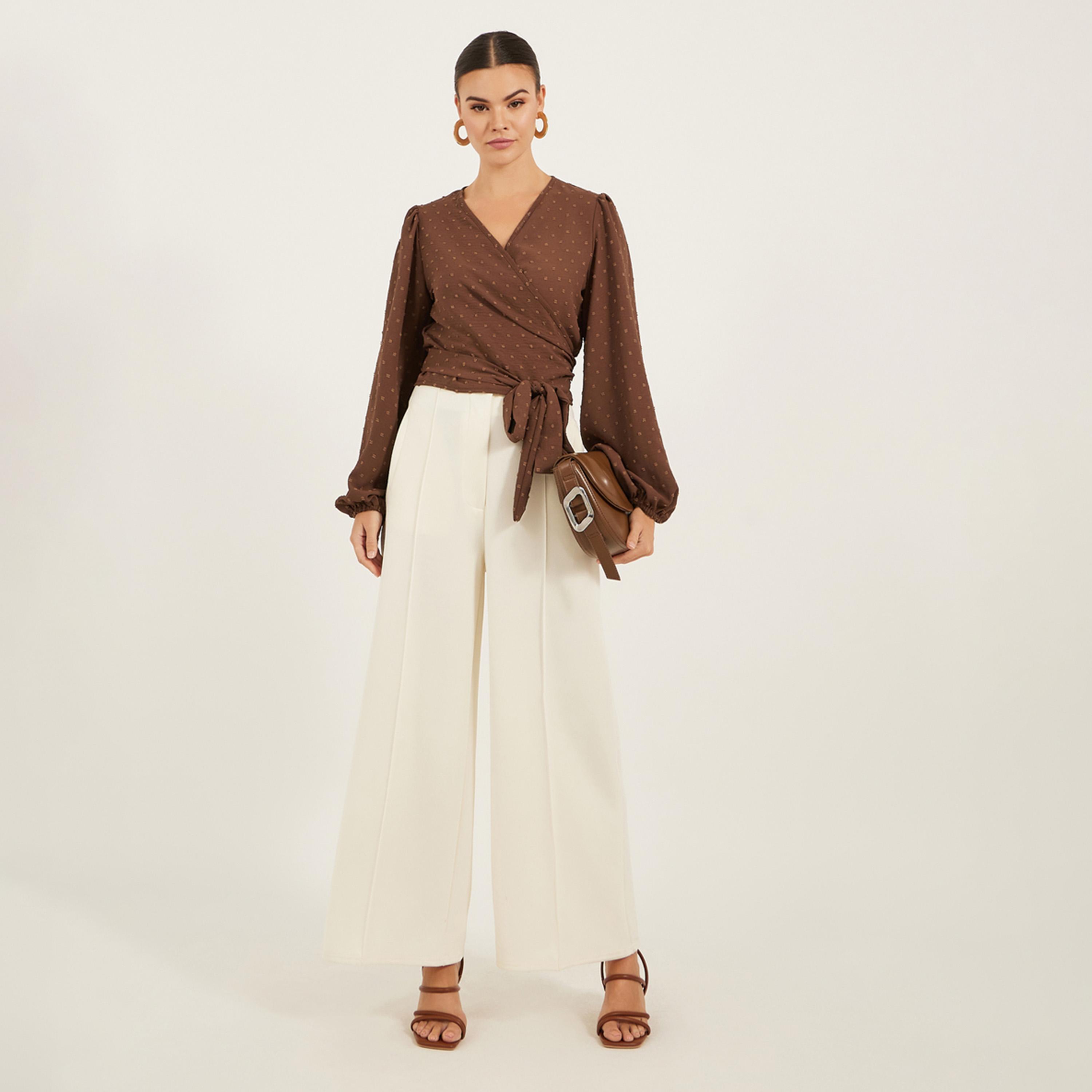 Styli Dobby Balloon Sleeve V-Neck Tie-Up Blouse-women-clothing-shirtsandblouses-blouses-image-2