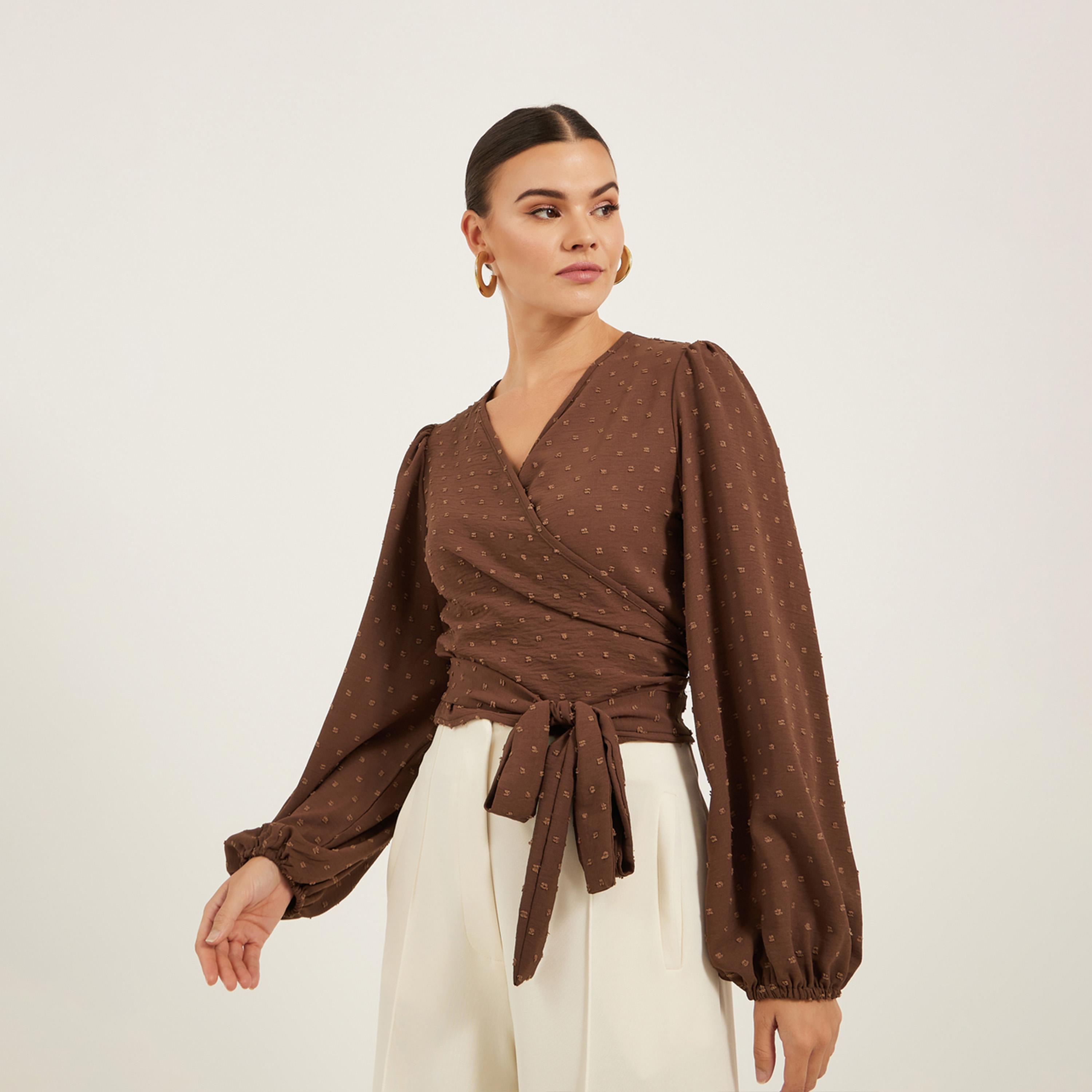 Styli Dobby Balloon Sleeve V-Neck Tie-Up Blouse-women-clothing-shirtsandblouses-blouses-image-3