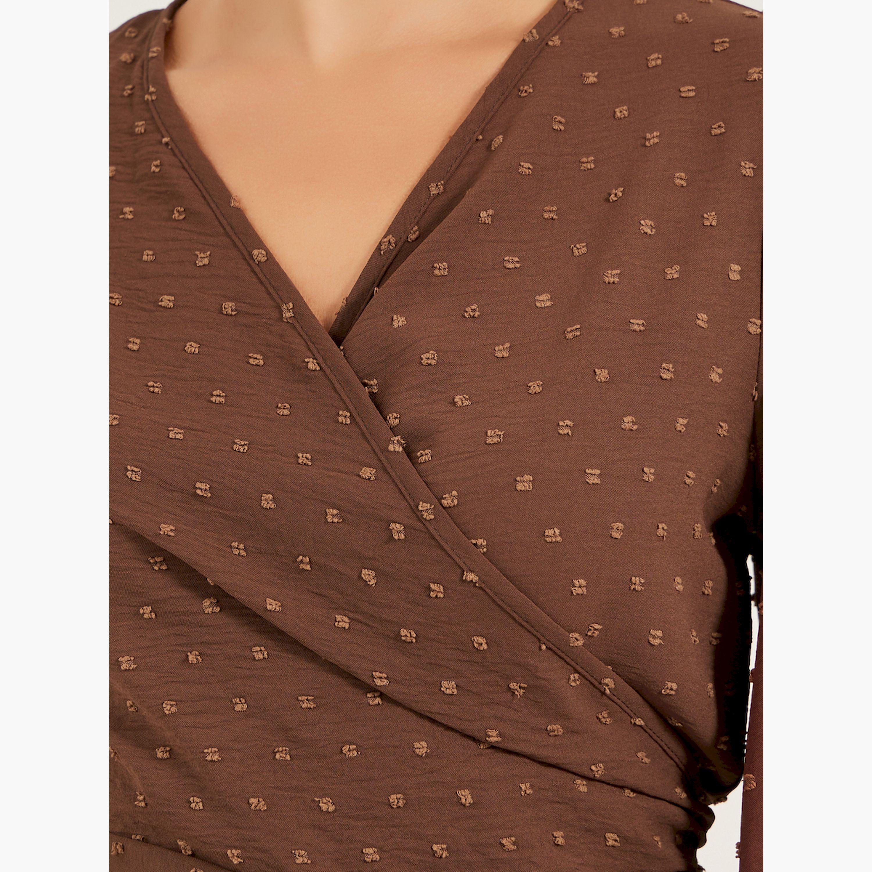 ستايلي - بلوزة دوبي بأكمام منفوخة ورقبة على شكل V ورباط للرقبة-women-clothing-shirtsandblouses-blouses-image-4