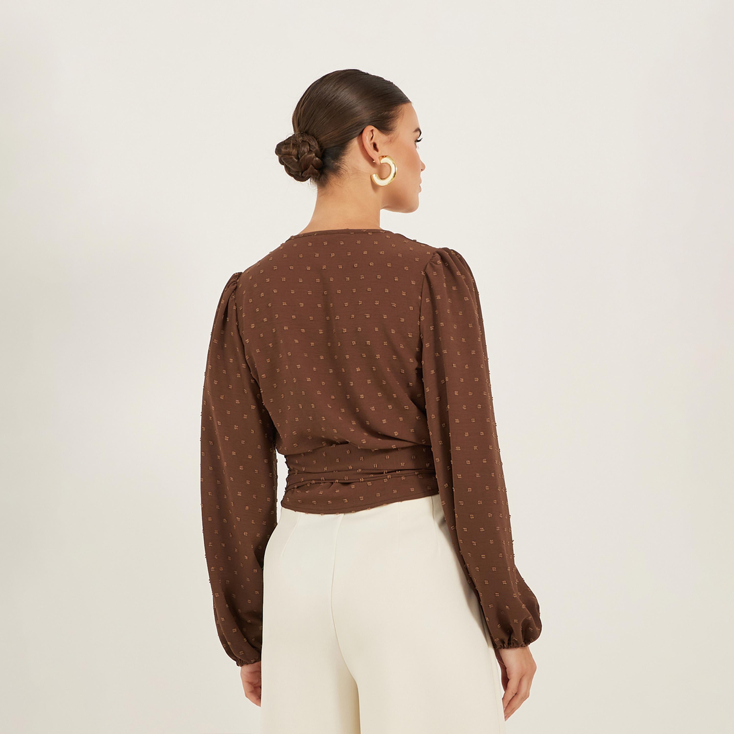 ستايلي - بلوزة دوبي بأكمام منفوخة ورقبة على شكل V ورباط للرقبة-women-clothing-shirtsandblouses-blouses-image-5