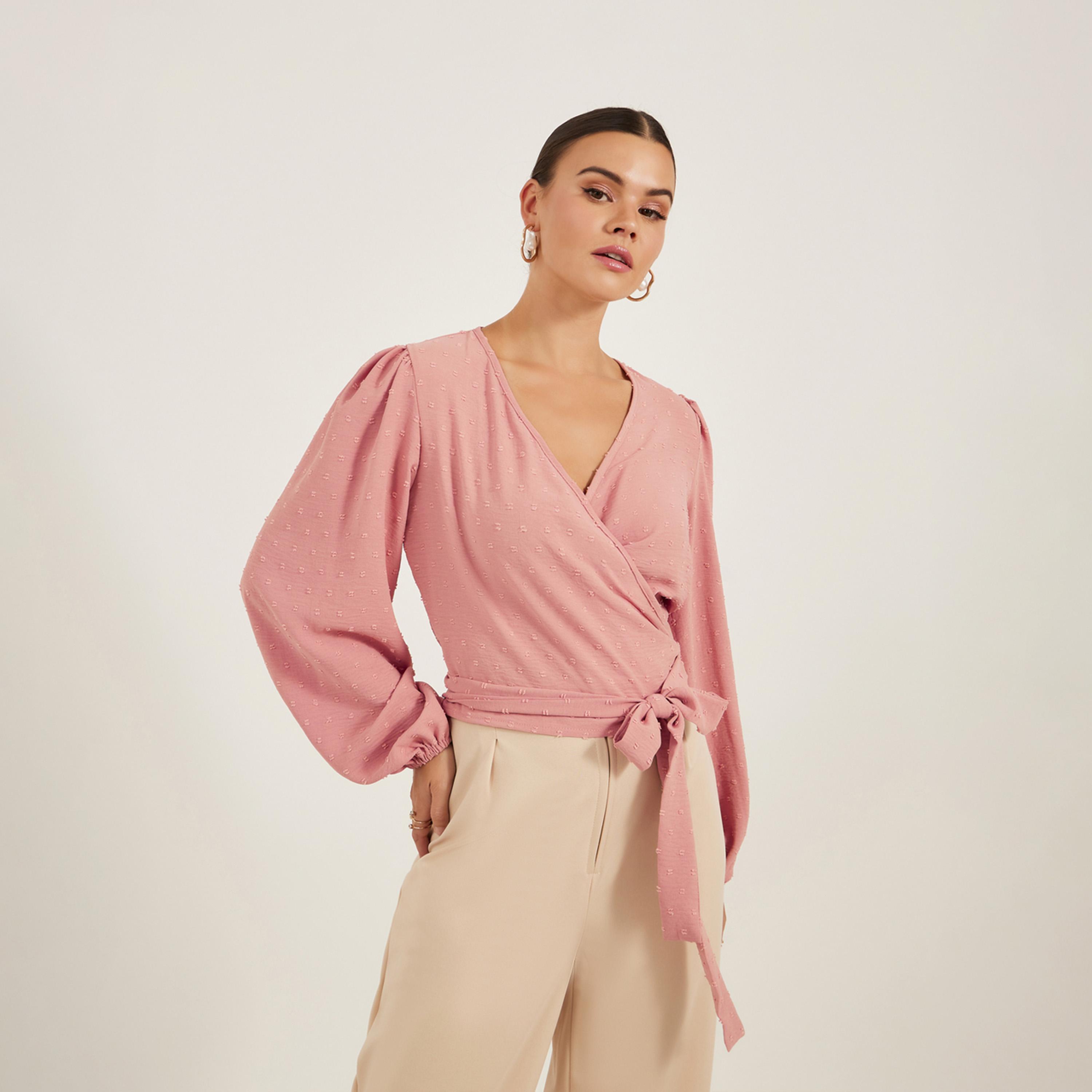 Styli Dobby Balloon Sleeve V-Neck Tie-Up Blouse-women-clothing-shirtsandblouses-blouses-image-1