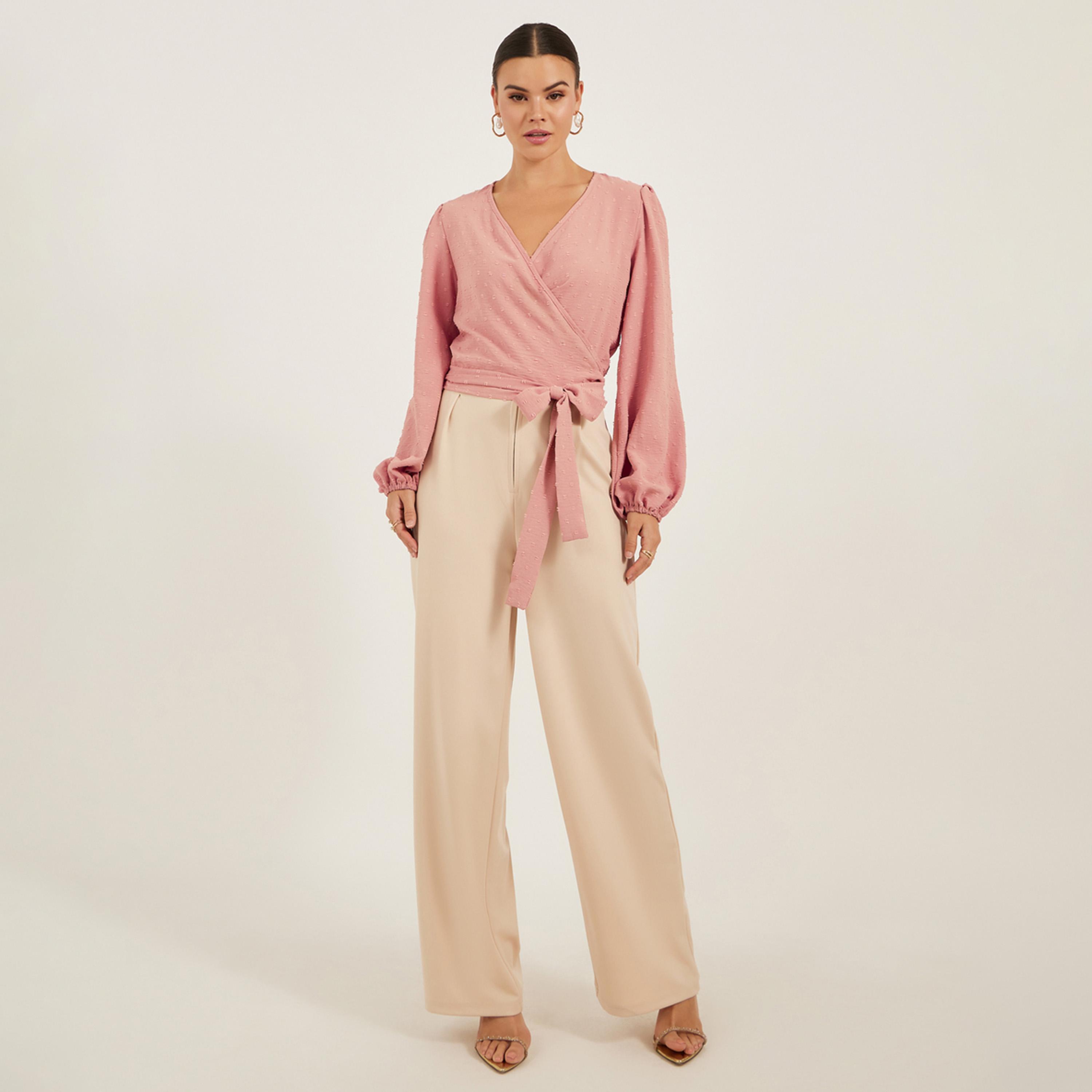ستايلي - بلوزة دوبي بأكمام منفوخة ورقبة على شكل V ورباط للرقبة-women-clothing-shirtsandblouses-blouses-image-2