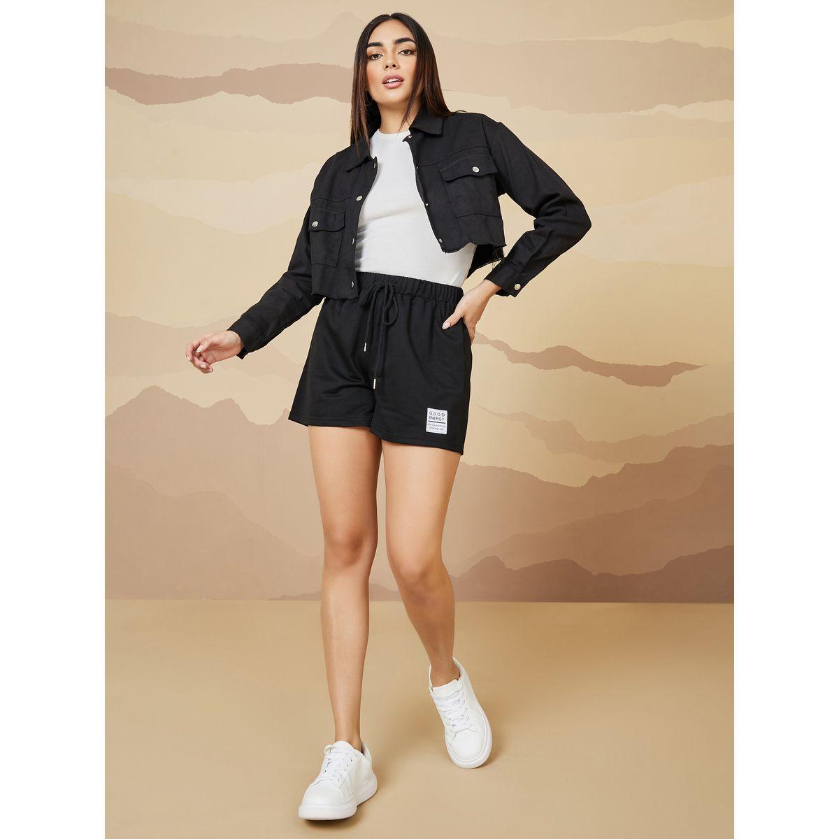 Styli Patch Detail Knit Shorts with Drawstring-women-clothing-bottoms-shorts-image-2