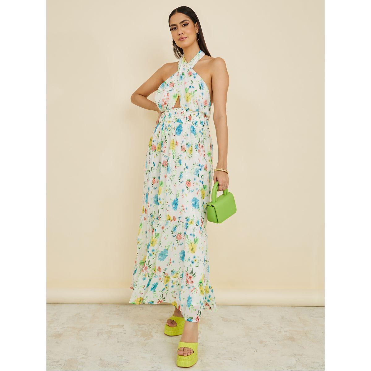 Styli Halter Neck Floral Print Smocked A-Line Maxi Dress-women-clothing-dresses-image-2