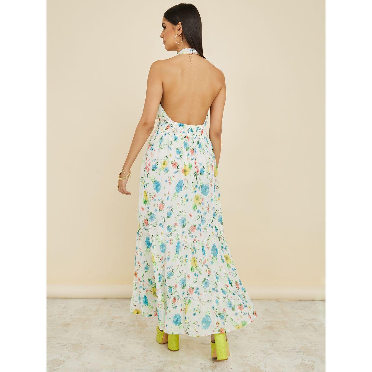 Styli Halter Neck Floral Print Smocked A-Line Maxi Dress-women-clothing-dresses-image-4