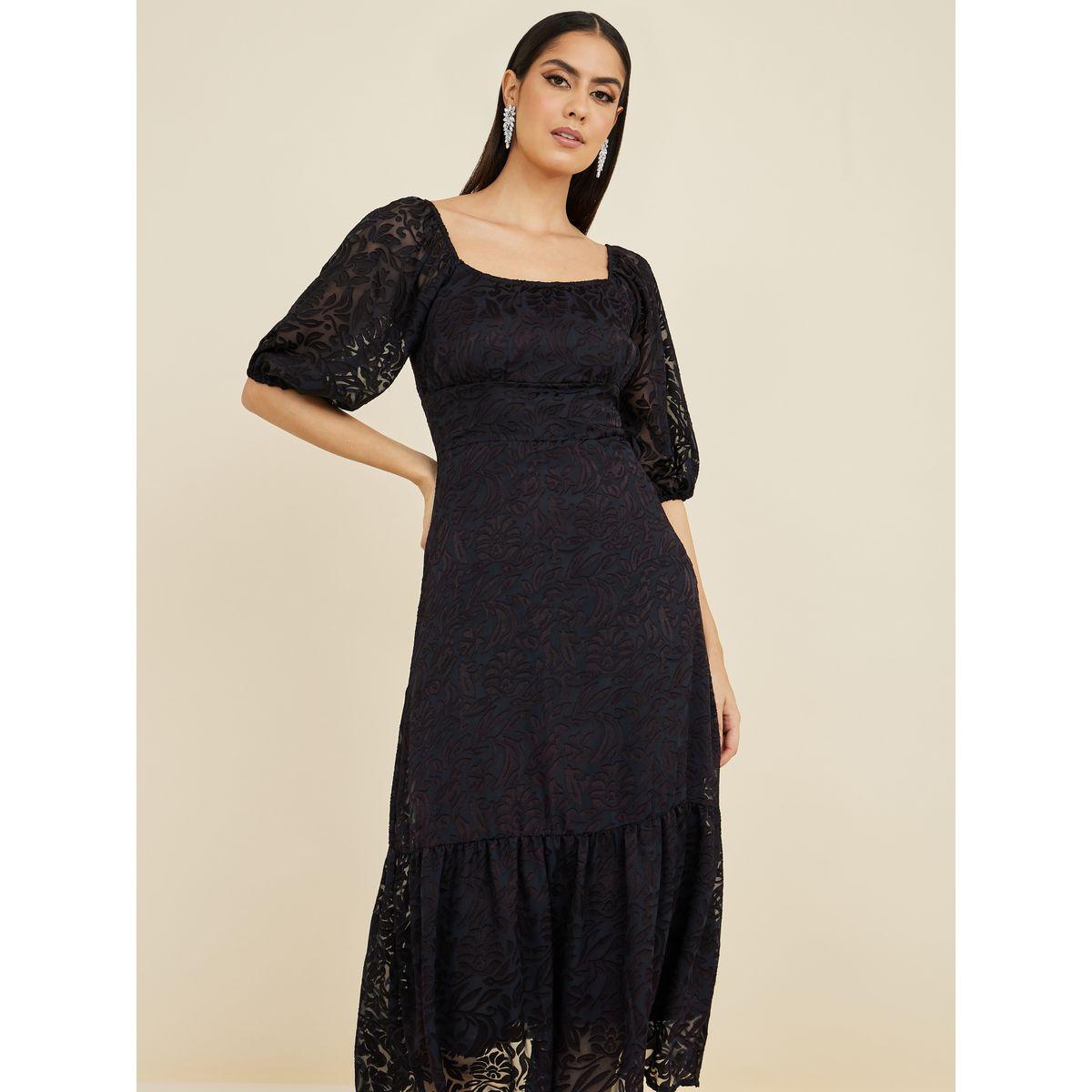 Styli Short Sleeves Jacquard Texture A-Line Midi Dress-women-clothing-dresses-image-1